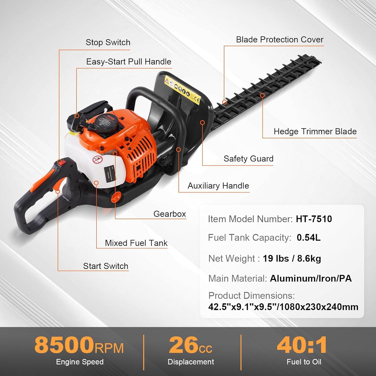 image:imageVEVOR 5in1 26cc 2 Cycle Gas Powered Dual Sided Hedge Trimmer Weed Eater String Trimmer Edger Pole Saw Chainsaw Pruner with EPA CE and EMC Certification26cc 2 Stroke Gas Hedge Trimmer
