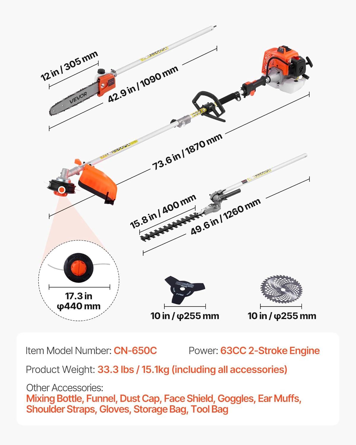 image:imageVEVOR 5in1 26cc 2 Cycle Gas Powered Dual Sided Hedge Trimmer Weed Eater String Trimmer Edger Pole Saw Chainsaw Pruner with EPA CE and EMC Certification63cc 5in1 Gas Hedge Trimmer Weed Eater String Trimmer 3T40T Brush Cutter Pole Saw Chainsaw Pruner