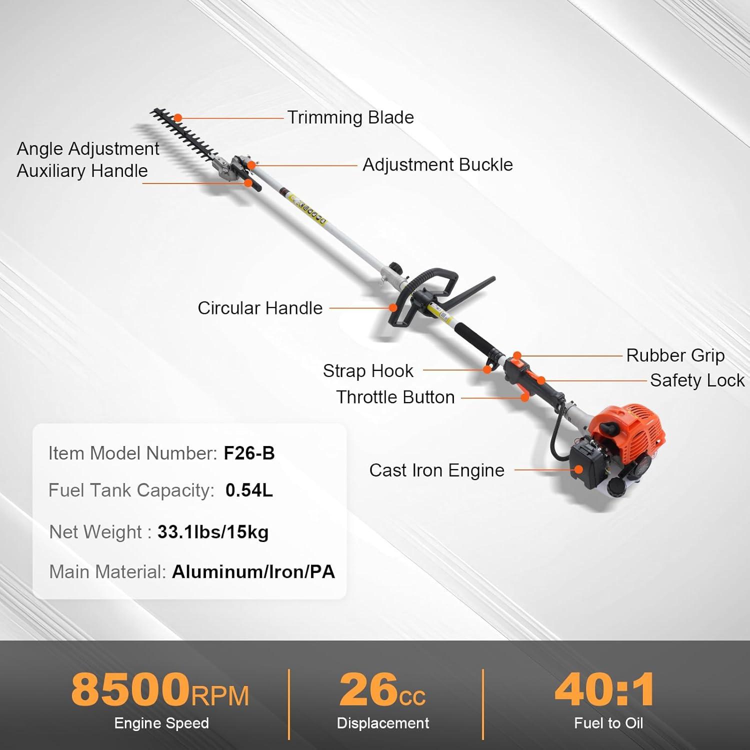 image:imageVEVOR 5in1 26cc 2 Cycle Gas Powered Dual Sided Hedge Trimmer Weed Eater String Trimmer Edger Pole Saw Chainsaw Pruner with EPA CE and EMC Certification26cc 5in1 Gas Hedge Trimmer Weed Eater String Trimmer Brush Cutter Edger Pole Saw Chainsaw Pruner
