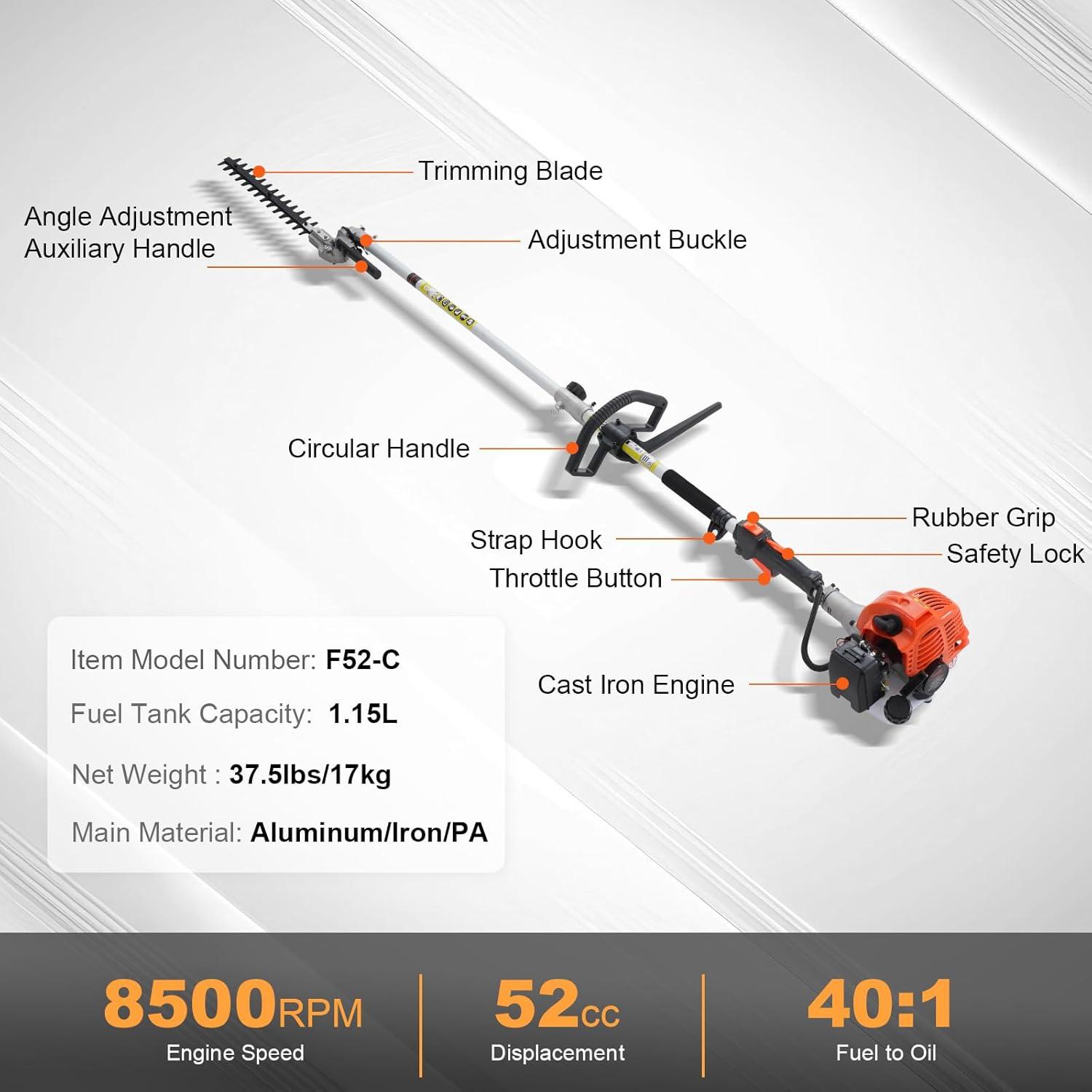 image:imageVEVOR 5in1 26cc 2 Cycle Gas Powered Dual Sided Hedge Trimmer Weed Eater String Trimmer Edger Pole Saw Chainsaw Pruner with EPA CE and EMC Certification52cc 6in1 Gas Hedge Trimmer