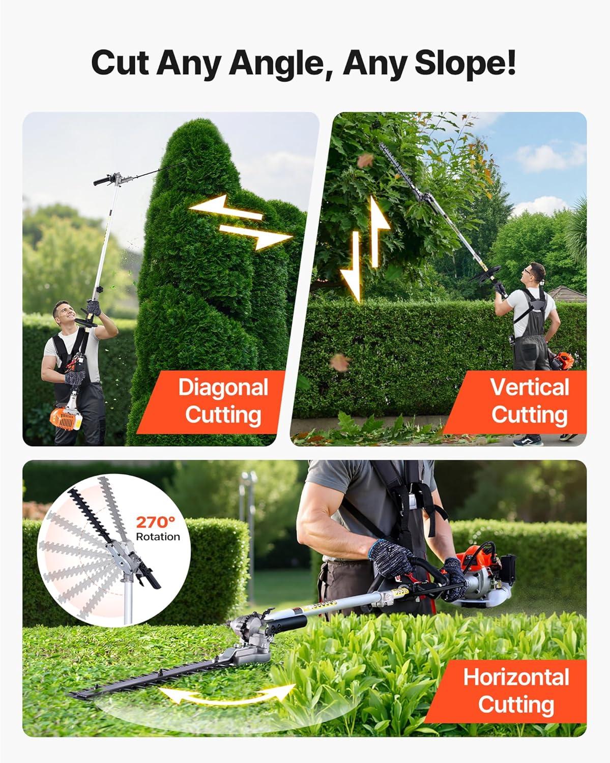 image:imageVEVOR 5in1 26cc 2 Cycle Gas Powered Dual Sided Hedge Trimmer Weed Eater String Trimmer Edger Pole Saw Chainsaw Pruner with EPA CE and EMC Certification26cc 4in1 Gas Hedge Trimmer String Trimmer Brush Cutter Edger