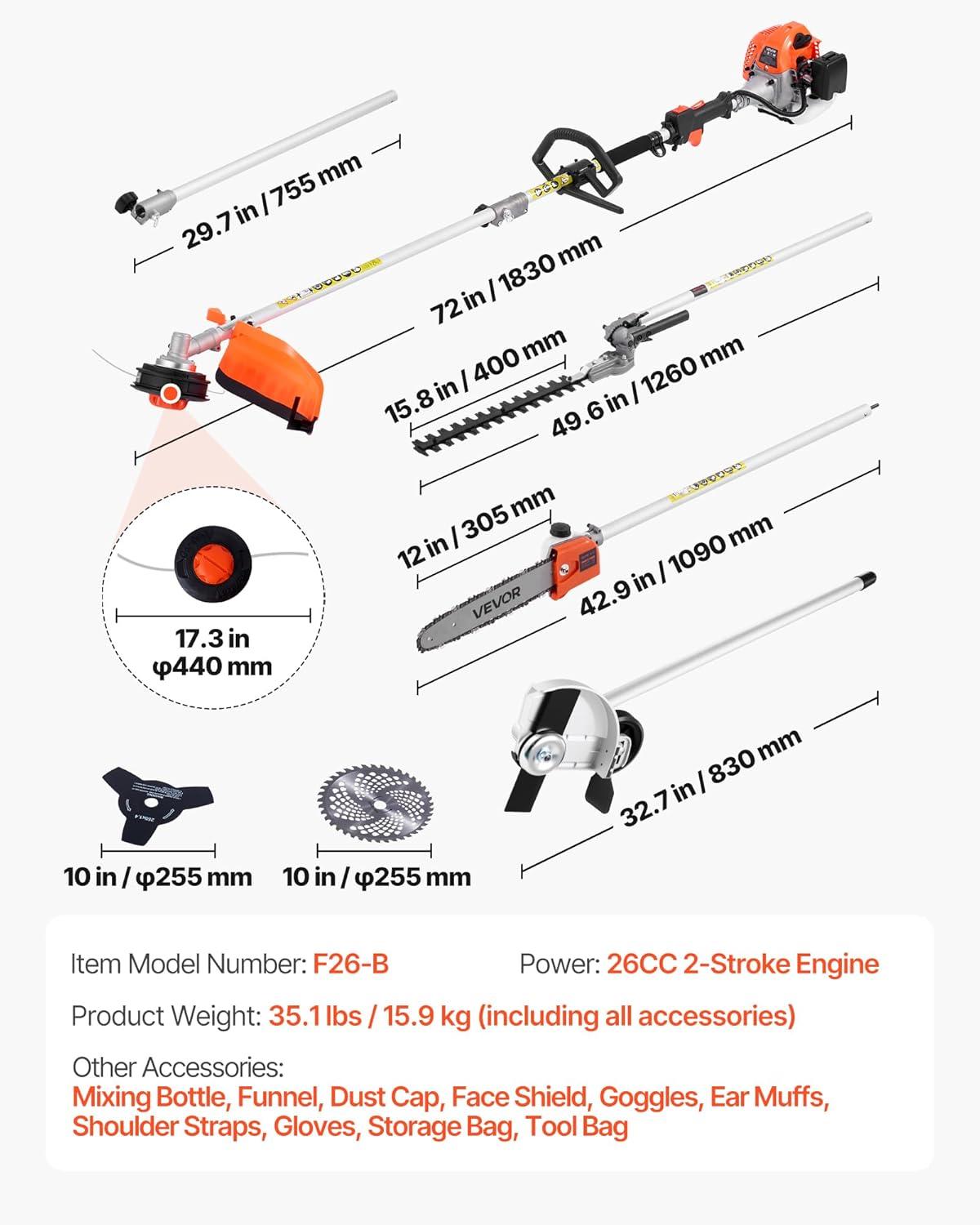 image:imageVEVOR 5in1 26cc 2 Cycle Gas Powered Dual Sided Hedge Trimmer Weed Eater String Trimmer Edger Pole Saw Chainsaw Pruner with EPA CE and EMC Certification26cc 7in1 Gas Hedge Trimmer Weed Eater String Trimmer 3T40T Brush Cutter Edger Pole Saw Chainsaw Pruner