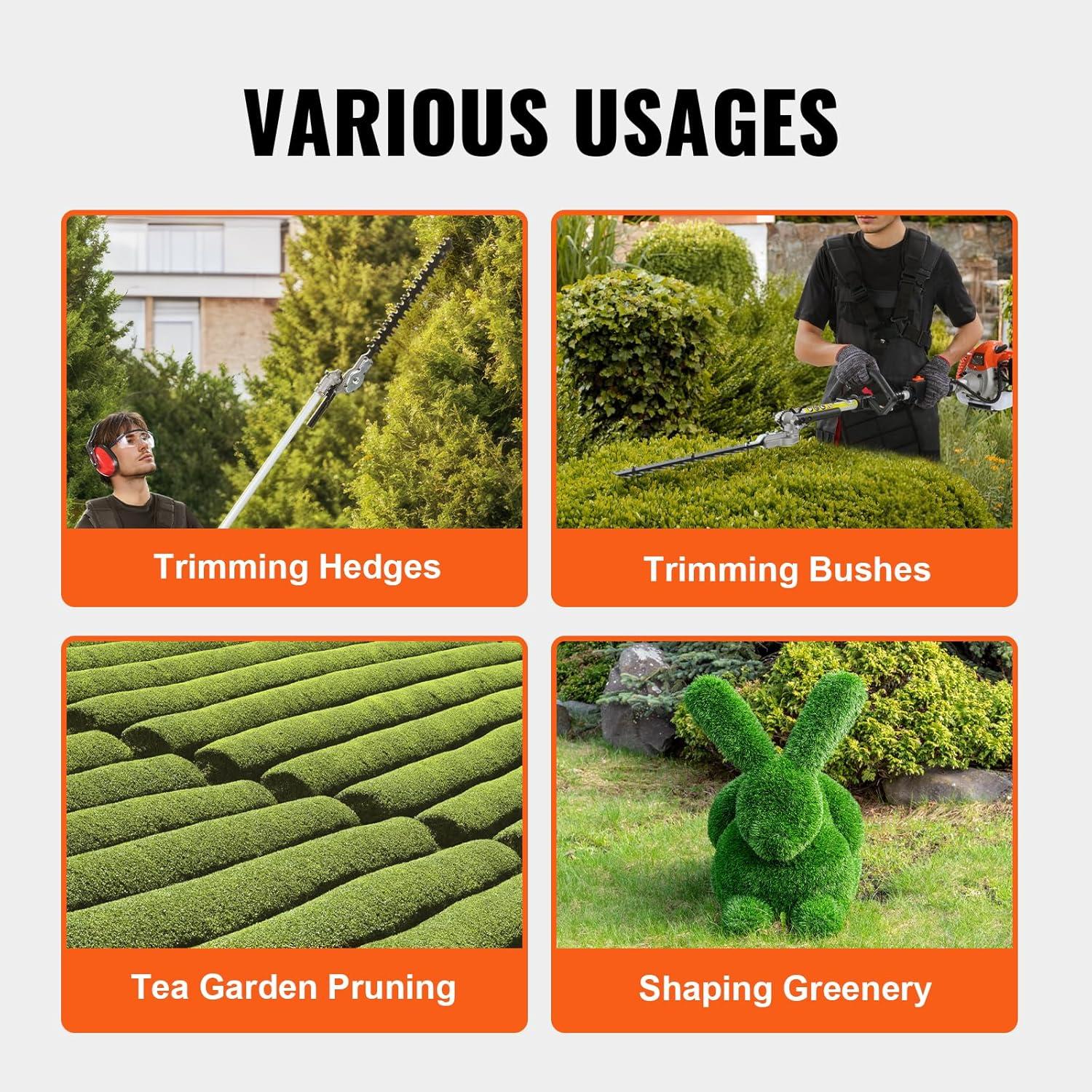 image:imageVEVOR 5in1 26cc 2 Cycle Gas Powered Dual Sided Hedge Trimmer Weed Eater String Trimmer Edger Pole Saw Chainsaw Pruner with EPA CE and EMC Certification26CC 2 Cycle Gas Powered Pole Hedge Trimmer