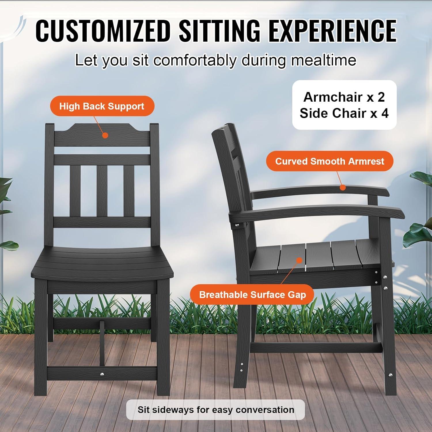 image:imageVEVOR 7 Pieces Patio Dining Set Outdoor Rectangle Furniture Table and Chairs Set All Weather Garden Furniture Table Sets HIPS Patio Conversation Set for Lawn Deck Backyard PoolsideBlack7 Piece