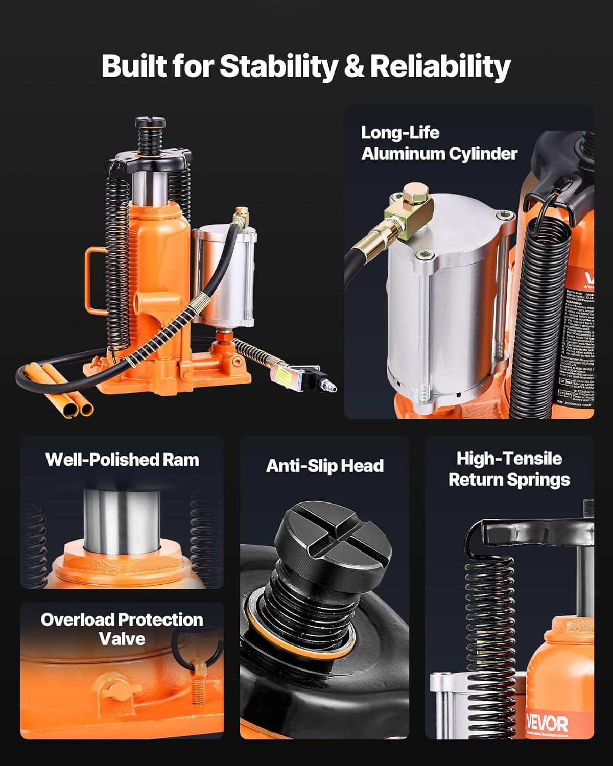 image:imageVEVOR Air Hydraulic Bottle Jack 20 Ton40000 LBS All Welded Bottle Jack 104197 inch Lifting Range Manual Handle and Air Pump for Car Pickup Truck RV Auto Repair Industrial Engineering20T Pneumatic Type