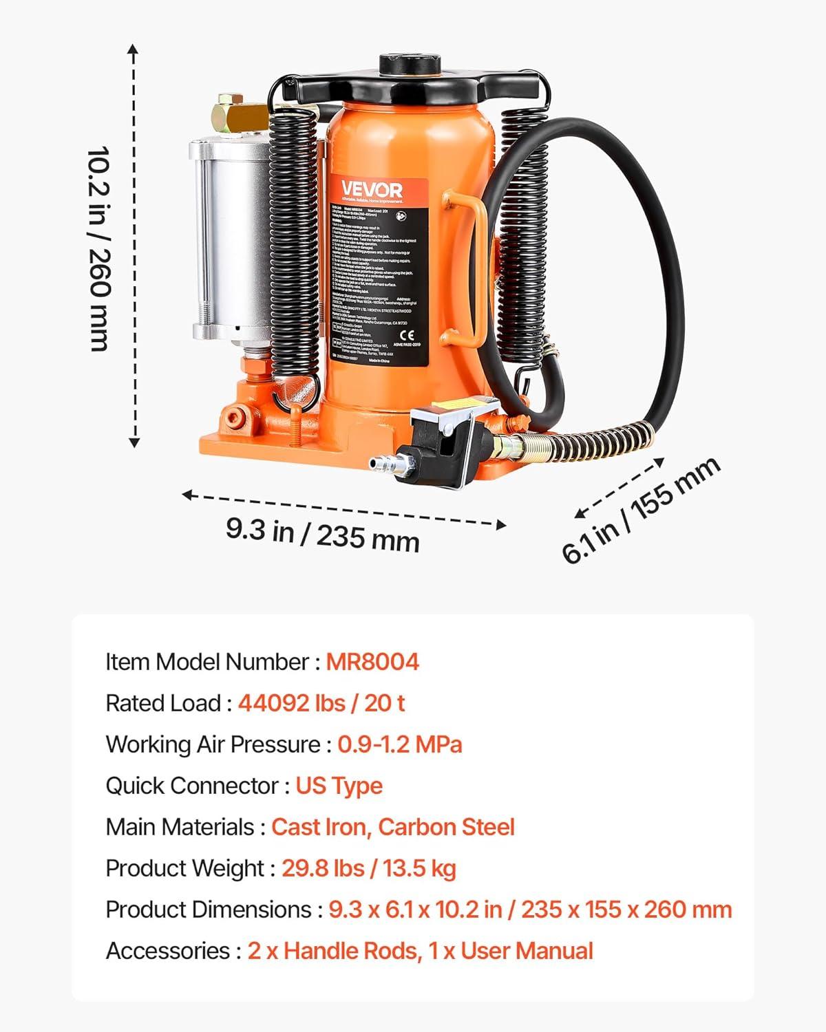 image:imageVEVOR Air Hydraulic Bottle Jack 20 Ton40000 LBS All Welded Bottle Jack 104197 inch Lifting Range Manual Handle and Air Pump for Car Pickup Truck RV Auto Repair Industrial Engineering20T Pneumatic Type