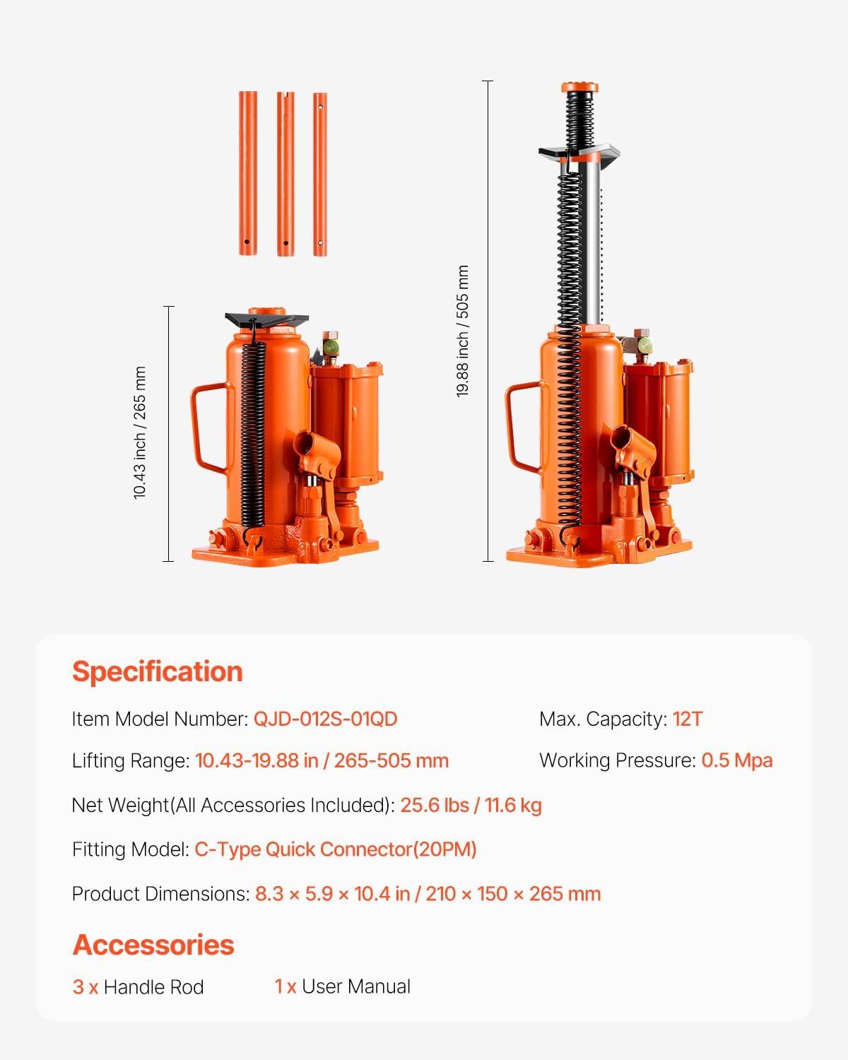 image:imageVEVOR Air Hydraulic Bottle Jack 20 Ton40000 LBS All Welded Bottle Jack 104197 inch Lifting Range Manual Handle and Air Pump for Car Pickup Truck RV Auto Repair Industrial Engineering12T Pneumatic Type