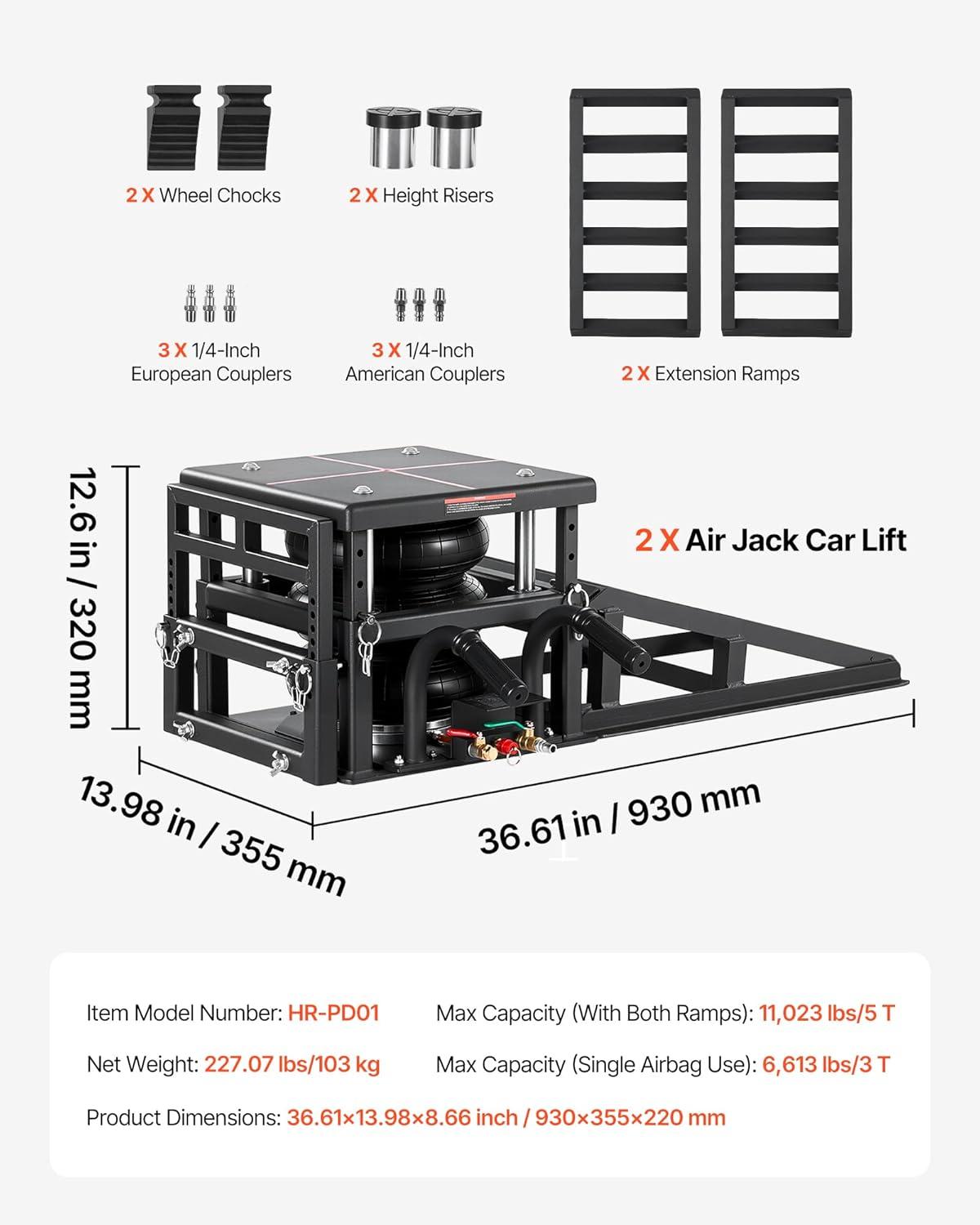 image:imageVEVOR Air Hydraulic Jack Car Ramps 2PCS 11023 lbs5 Ton Capacity 126 inch Max Height Pneumatic Ramp Jacks with Airbags Wheel Chocks Extension Ramps Heightened Columns HeavyDuty
