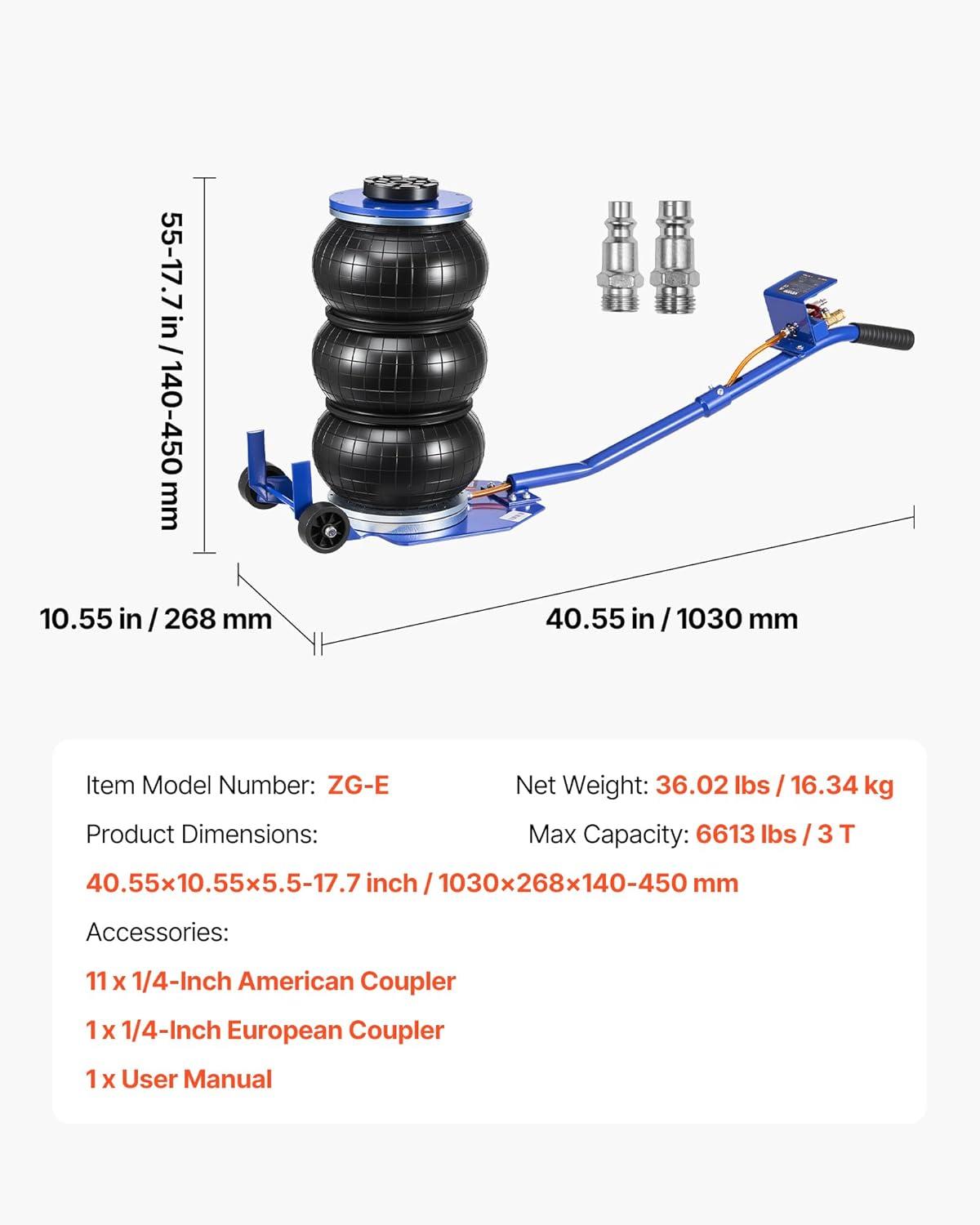 image:imageVEVOR Air Jack 3 Ton6613 lbs Triple Bag Air Jack Airbag with Six Steel Pipes Lift Up to 177 inch450 mm 16 s Fast Lifting Pneumatic with Long Handle amp Rubber Pad for Cars SUVs Pickup TrucksLong Handle