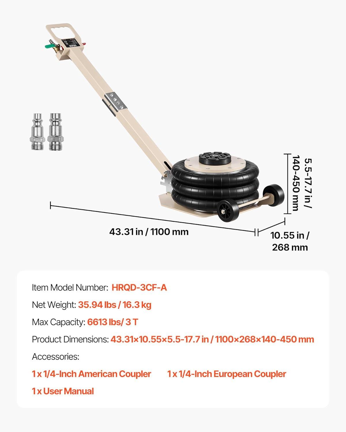 image:imageVEVOR Air Jack 3 Ton6613 lbs Triple Bag Air Jack Airbag with Six Steel Pipes Lift Up to 177 inch450 mm 16 s Fast Lifting Pneumatic with Long Handle amp Rubber Pad for Cars SUVs Pickup TrucksAdjust Handle