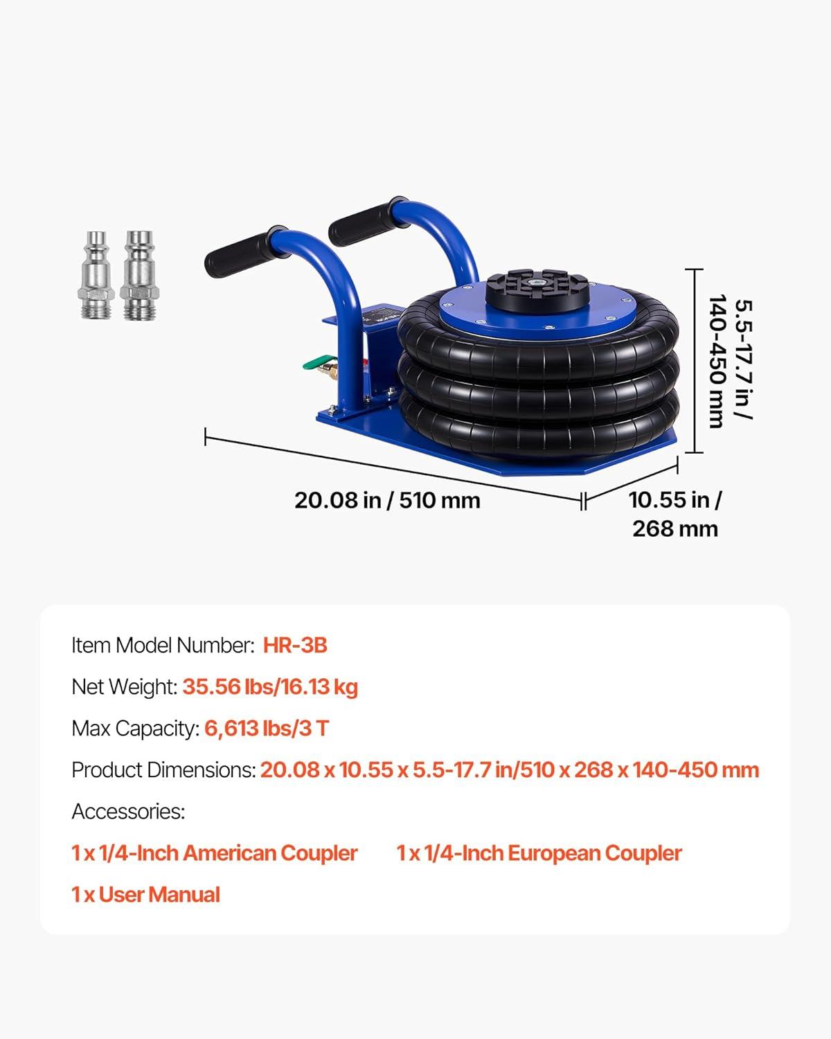 image:imageVEVOR Air Jack 3 Ton6613 lbs Triple Bag Air Jack Airbag with Six Steel Pipes Lift Up to 177 inch450 mm 16 s Fast Lifting Pneumatic with Long Handle amp Rubber Pad for Cars SUVs Pickup TrucksShort Handle