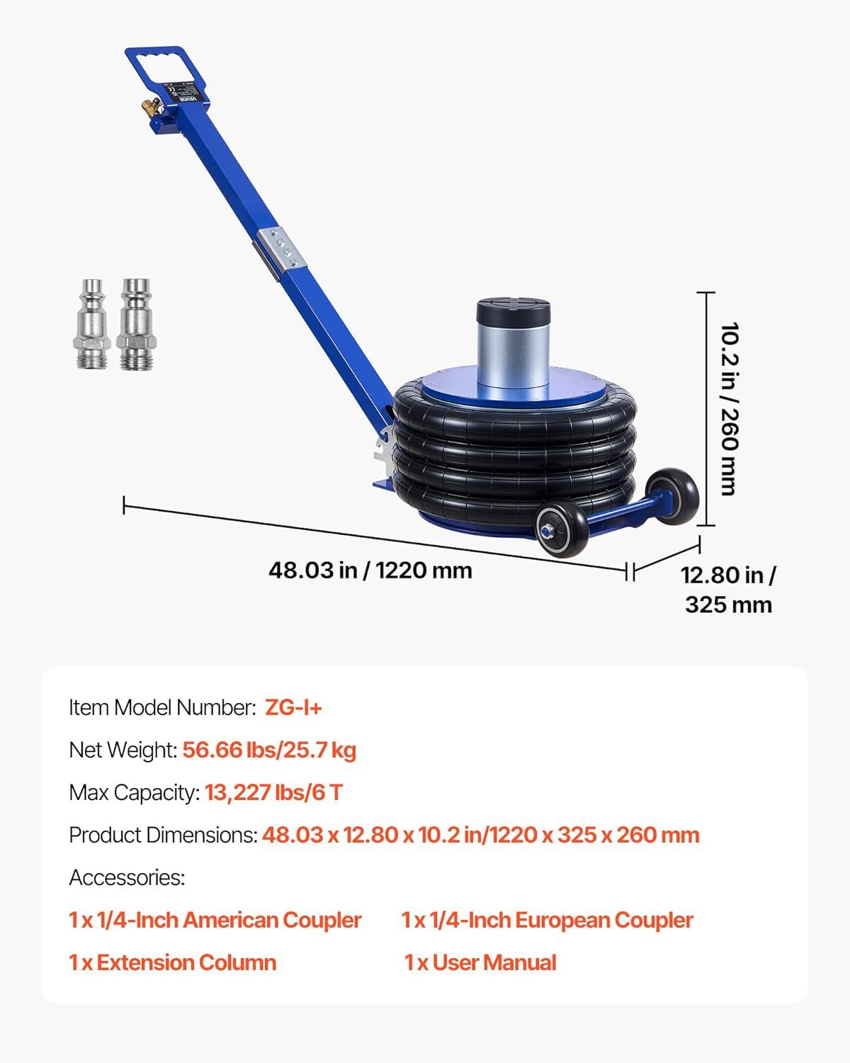 image:imageVEVOR Air Jack 3T 6600 lbs Triple Bag Air Jack Airbag Jack with Six Steel Pipes Lift up to 177 inch450 mm 35 s Fast Lifting Pneumatic Jack with Long Handles for Car Garage Repair6 Ton Max Lift 265 in
