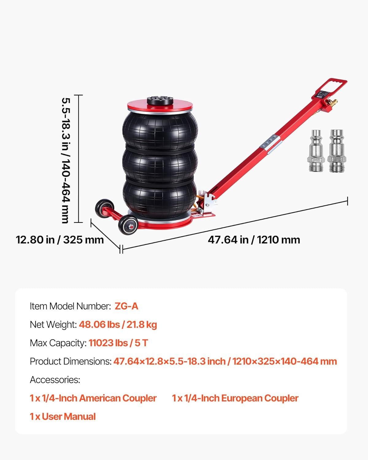 image:imageVEVOR Air Jack 3T 6600 lbs Triple Bag Air Jack Airbag Jack with Six Steel Pipes Lift up to 177 inch450 mm 35 s Fast Lifting Pneumatic Jack with Long Handles for Car Garage Repair5 Ton Max Lift 183 in