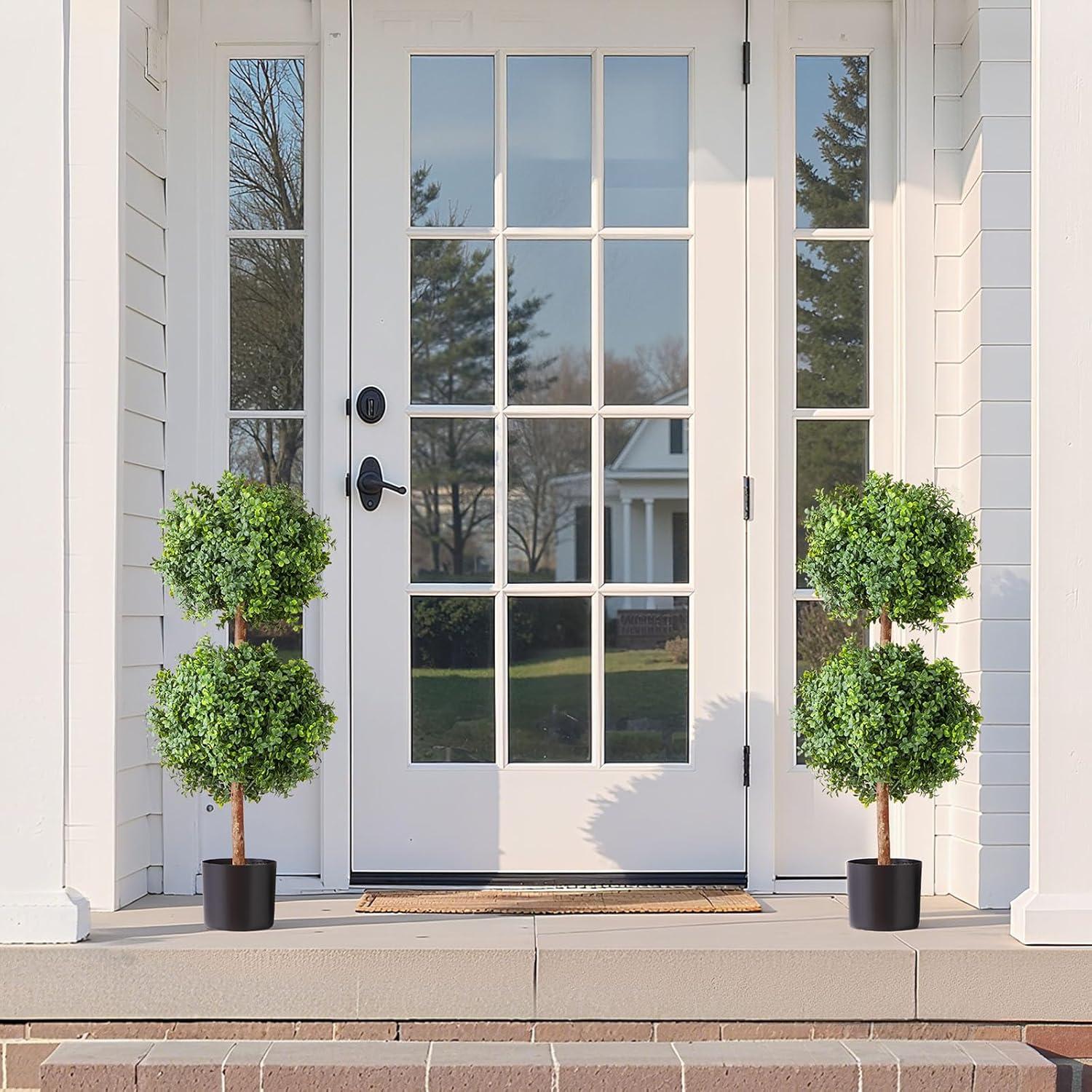 image:imageVEVOR Artificial Boxwood Topiary Tree 36 inch Tall 2 Pieces Double Ball Faux Topiary Trees Faux Plant wExtra Leaves amp Pot amp Small Decoration UV Rated Set for Home Decor IndoorOutdoorDouble Ball New