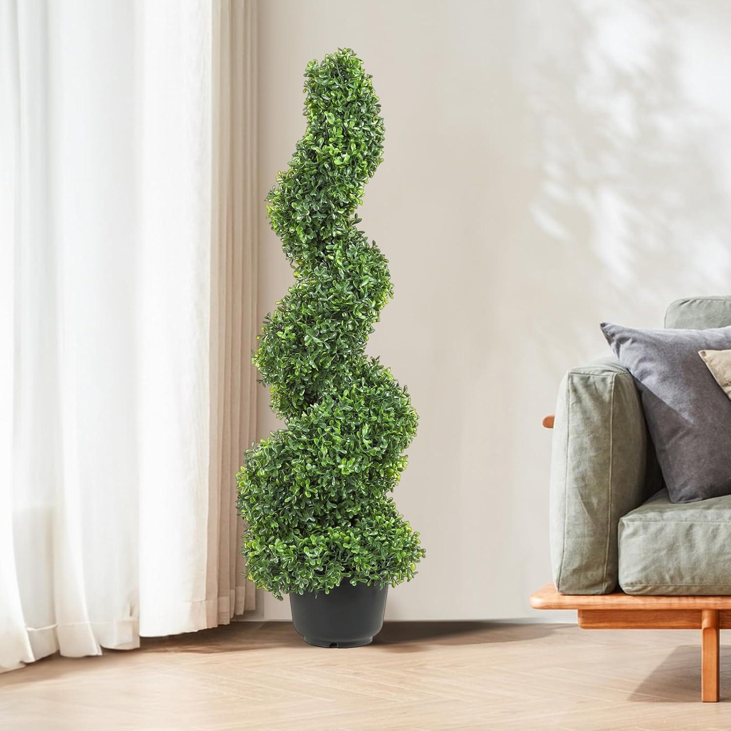 image:imageVEVOR Artificial Boxwood Topiary Tree 60 inch Tall 2 Pieces Spiral Faux Topiary Trees Faux Plant wExtra Leaves amp Pot amp Small Decoration UV Rated Greenery Set for Home Decor IndoorOutdoor3ft