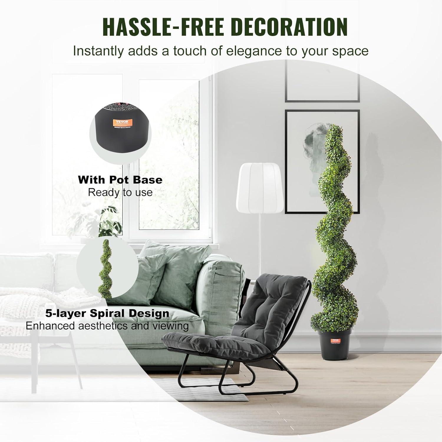 image:imageVEVOR Artificial Boxwood Topiary Tree 60 inch Tall 2 Pieces Spiral Faux Topiary Trees Faux Plant wExtra Leaves amp Pot amp Small Decoration UV Rated Greenery Set for Home Decor IndoorOutdoor5ft
