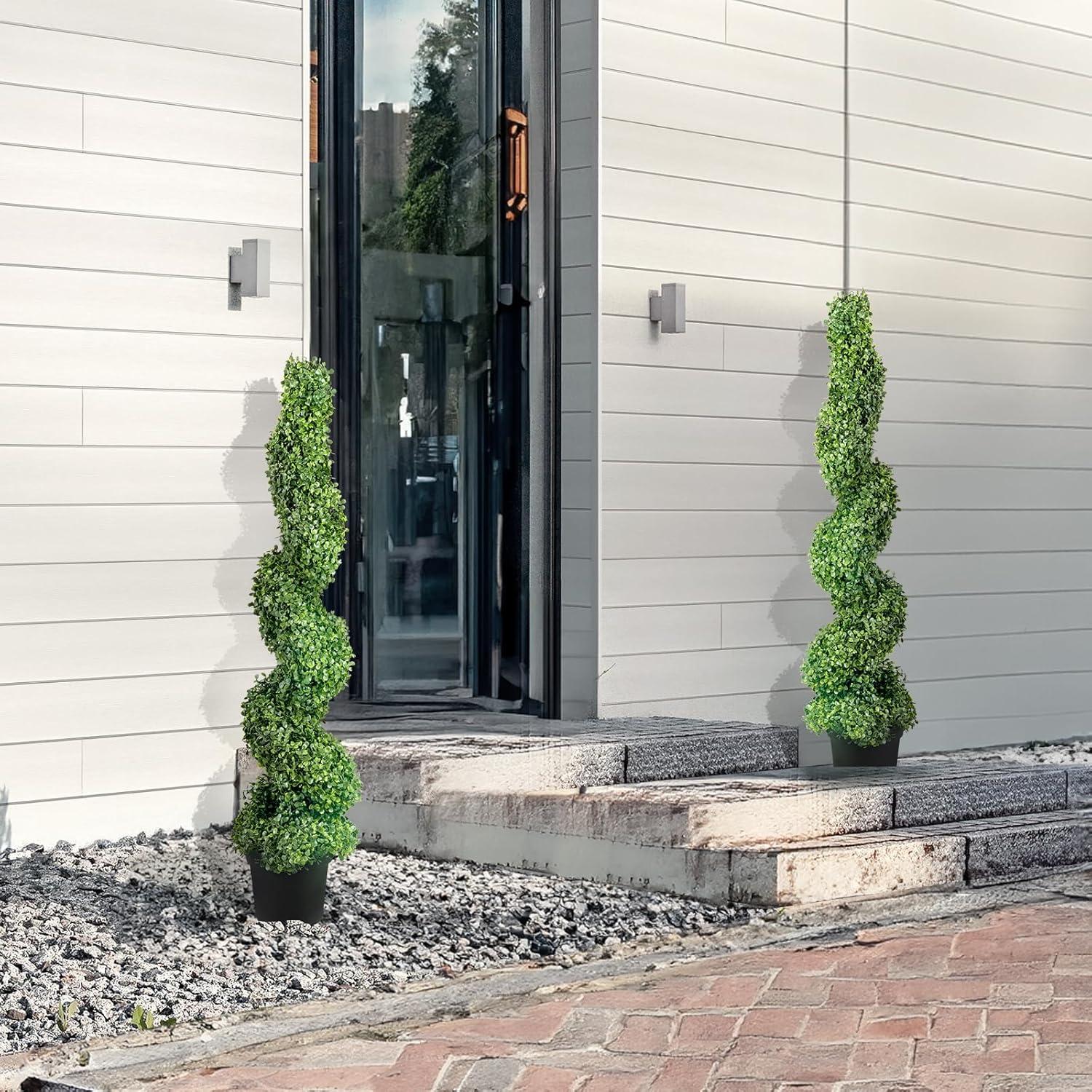 image:imageVEVOR Artificial Boxwood Topiary Tree 60 inch Tall 2 Pieces Spiral Faux Topiary Trees Faux Plant wExtra Leaves amp Pot amp Small Decoration UV Rated Greenery Set for Home Decor IndoorOutdoor4ft