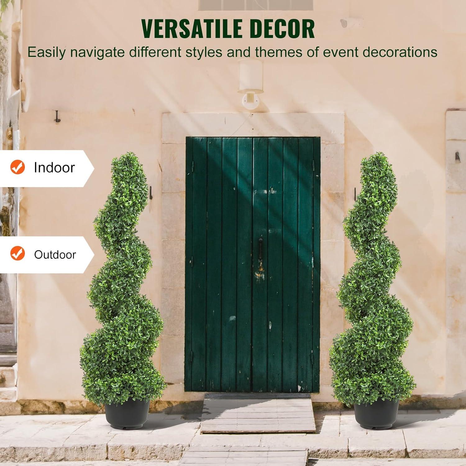 image:imageVEVOR Artificial Boxwood Topiary Tree 60 inch Tall 2 Pieces Spiral Faux Topiary Trees Faux Plant wExtra Leaves amp Pot amp Small Decoration UV Rated Greenery Set for Home Decor IndoorOutdoor3ft