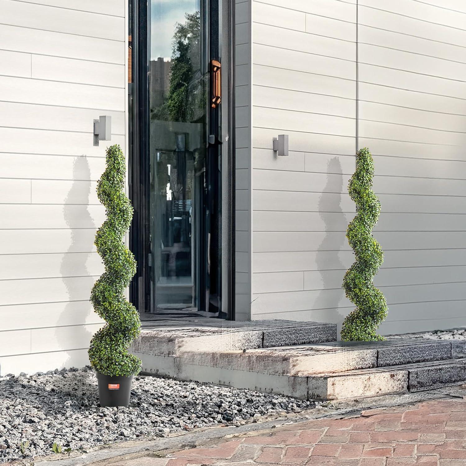 image:imageVEVOR Artificial Boxwood Topiary Tree 60 inch Tall 2 Pieces Spiral Faux Topiary Trees Faux Plant wExtra Leaves amp Pot amp Small Decoration UV Rated Greenery Set for Home Decor IndoorOutdoor5ft