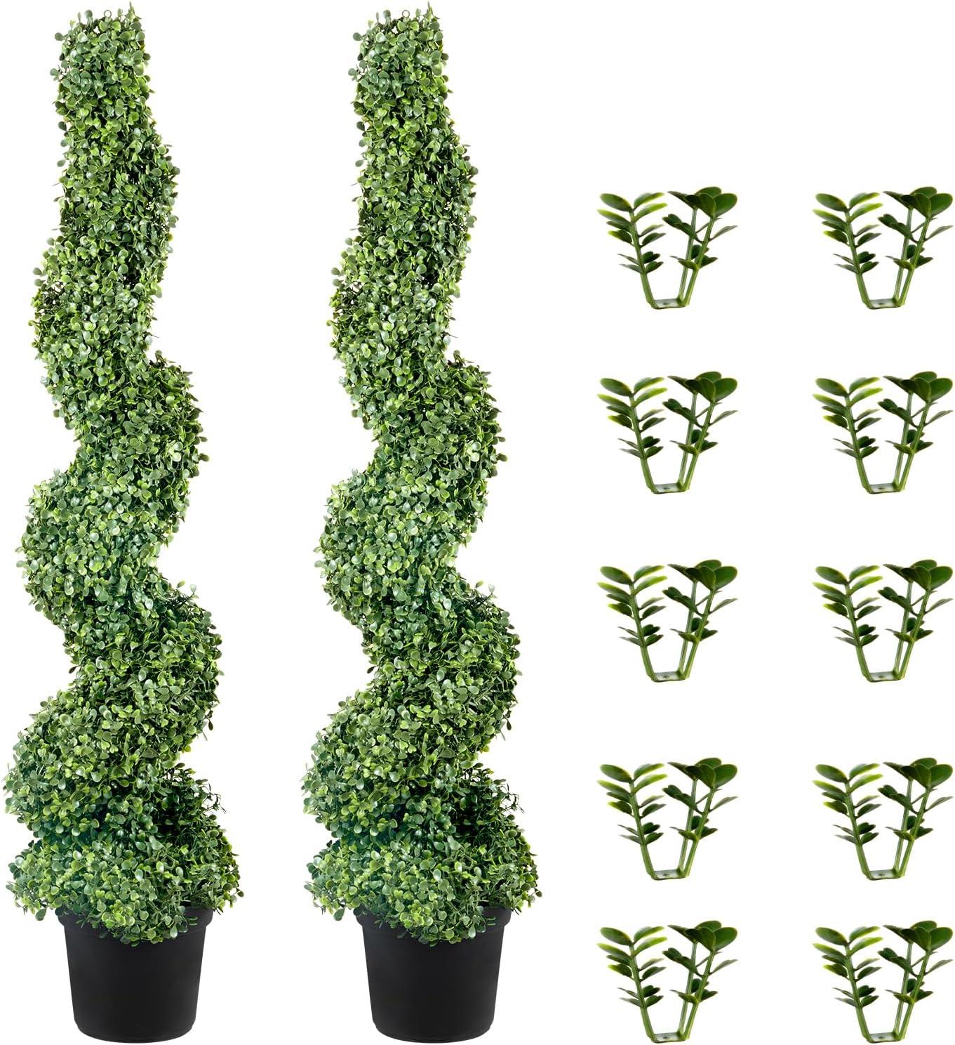 image:imageVEVOR Artificial Boxwood Topiary Tree 60 inch Tall 2 Pieces Spiral Faux Topiary Trees Faux Plant wExtra Leaves amp Pot amp Small Decoration UV Rated Greenery Set for Home Decor IndoorOutdoor4ft