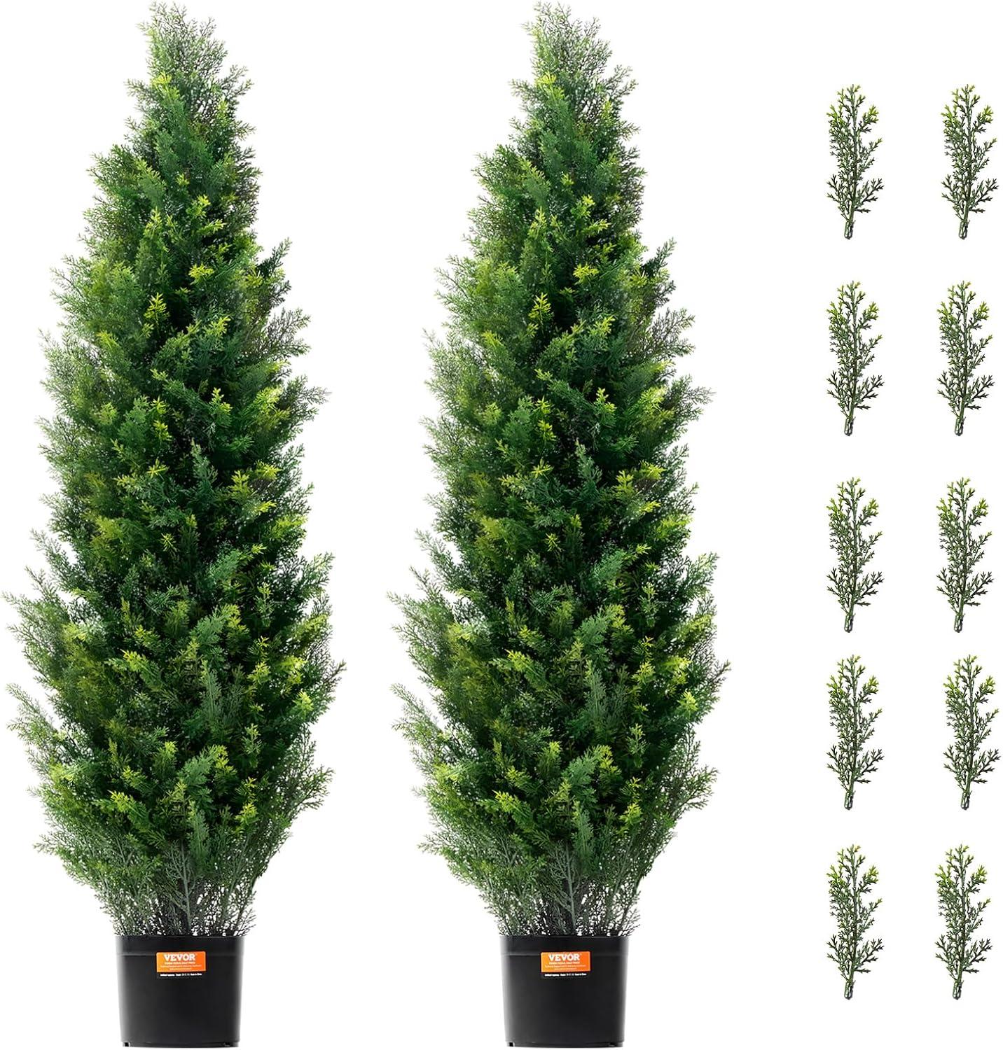image:imageVEVOR Artificial Topiary Cedar Tree 60 inch Tall 2 Pieces with Extra Leaves amp Pot Faux Evergreen Fake Pine Cypress Trees Plant UV Rated Artificial Greenery Set for Home Decor IndoorOutdoor4ft