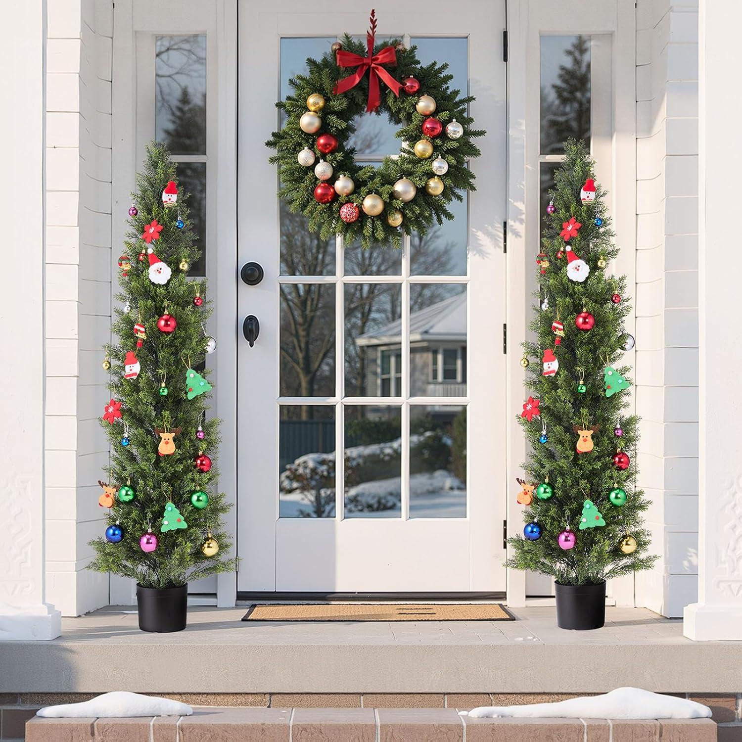 image:imageVEVOR Artificial Topiary Cedar Tree 60 inch Tall 2 Pieces with Extra Leaves amp Pot Faux Evergreen Fake Pine Cypress Trees Plant UV Rated Artificial Greenery Set for Home Decor IndoorOutdoor5FT