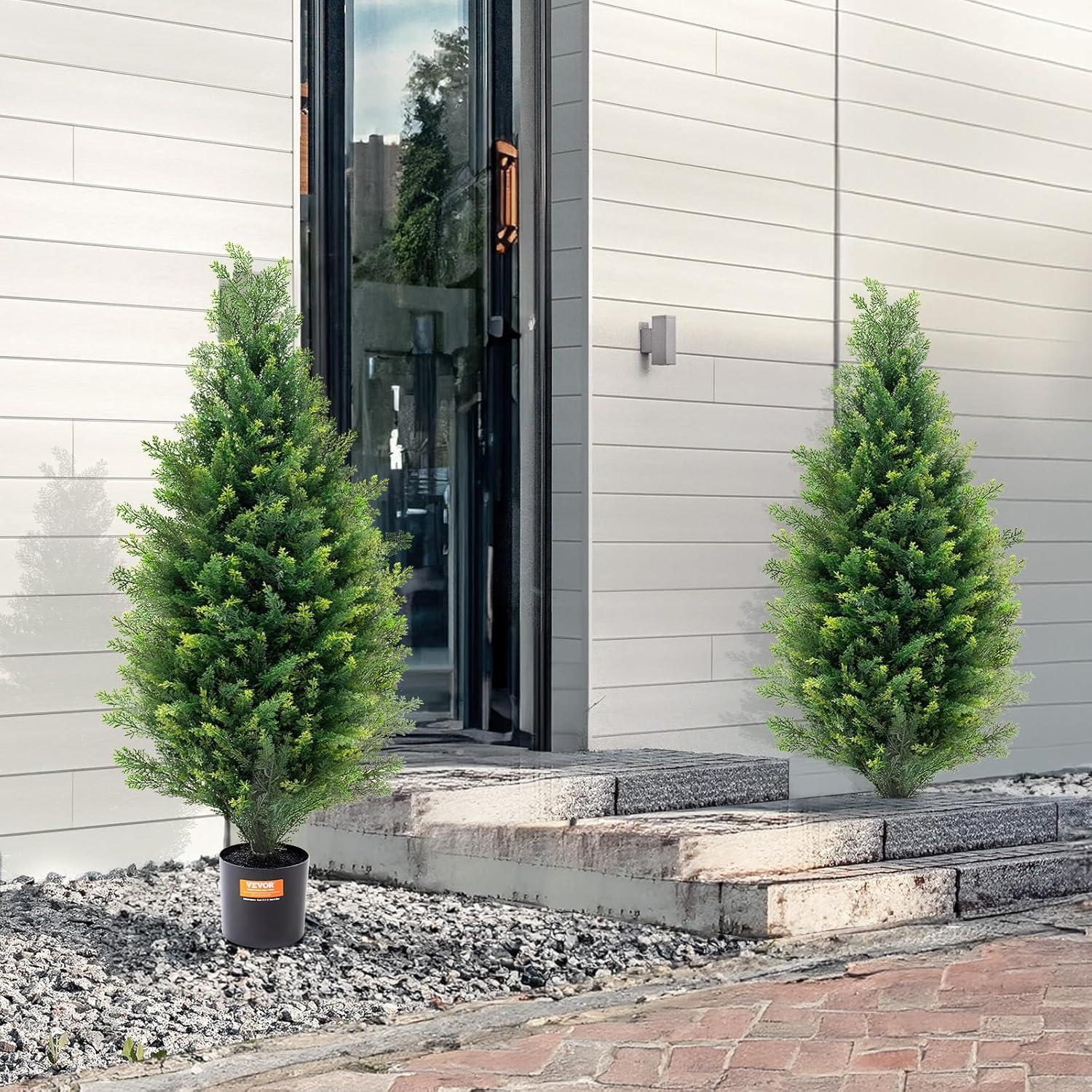 image:imageVEVOR Artificial Topiary Cedar Tree 60 inch Tall 2 Pieces with Extra Leaves amp Pot Faux Evergreen Fake Pine Cypress Trees Plant UV Rated Artificial Greenery Set for Home Decor IndoorOutdoor3ft