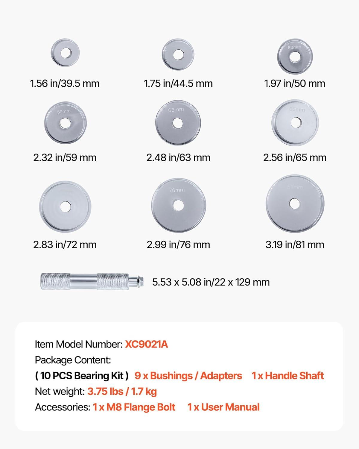 image:imageVEVOR Bearing Press Kit 52 Pcs Bearing Race and Seal Driver Set with 49 Bushings and Handle Shaft Bushing Driver Tool Set Heavy Duty Carbon Steel Removal Installation Tool Kit10pcs