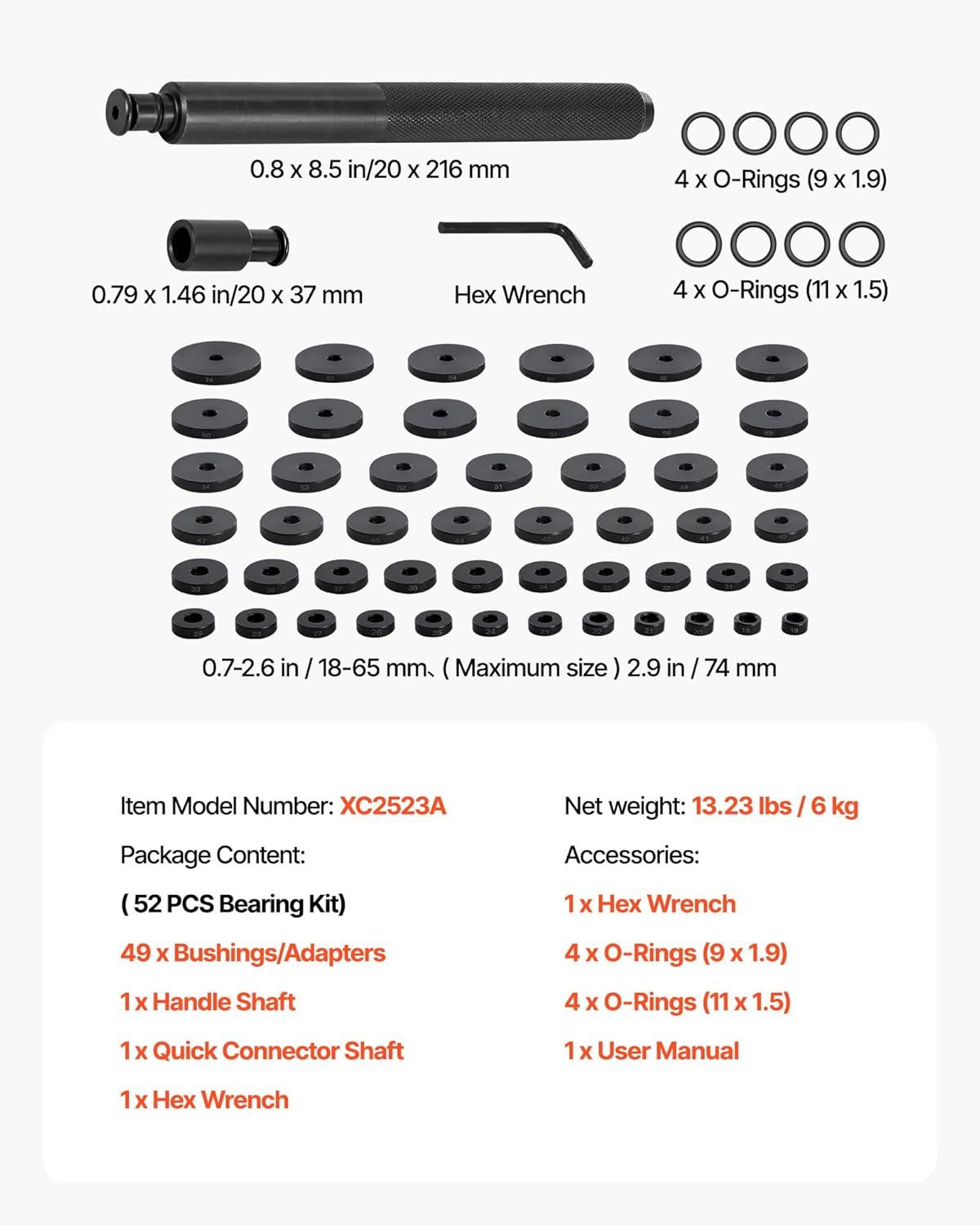 image:imageVEVOR Bearing Press Kit 52 Pcs Bearing Race and Seal Driver Set with 49 Bushings and Handle Shaft Bushing Driver Tool Set Heavy Duty Carbon Steel Removal Installation Tool Kit52pcs