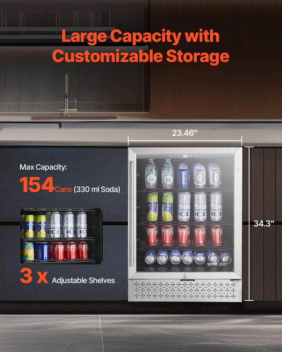 image:imageVEVOR Beverage Refrigerator Cooler 154 Can Beverage Fridge Mini Fridge with Glass Door Adjustable Shelves Digital Temperature Control Builtin amp Freestanding Soda Beer Fridge for Home Office Bar154 Can