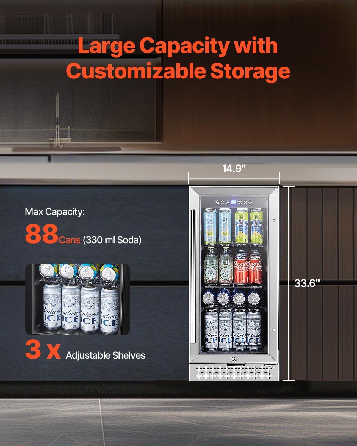 image:imageVEVOR Beverage Refrigerator Cooler 154 Can Beverage Fridge Mini Fridge with Glass Door Adjustable Shelves Digital Temperature Control Builtin amp Freestanding Soda Beer Fridge for Home Office Bar88 Cans