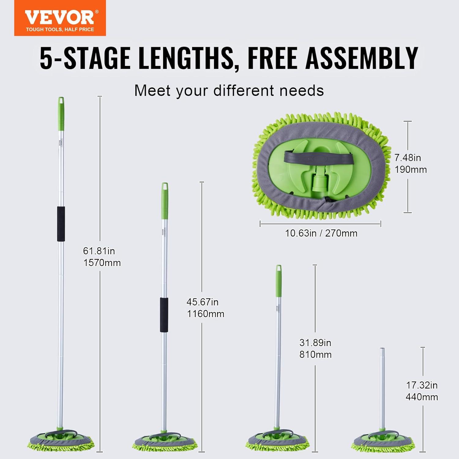 image:imageVEVOR Car Wash Brush 62Inch Extendable Car Washing Brush with Long Handle Soft Chenille Fiber Car Wash Mop Mitt 180 Rotatable Car Cleaning Brush with 1 Replacement Mop for Car RV Window FloorSoft Chenille Fiber head