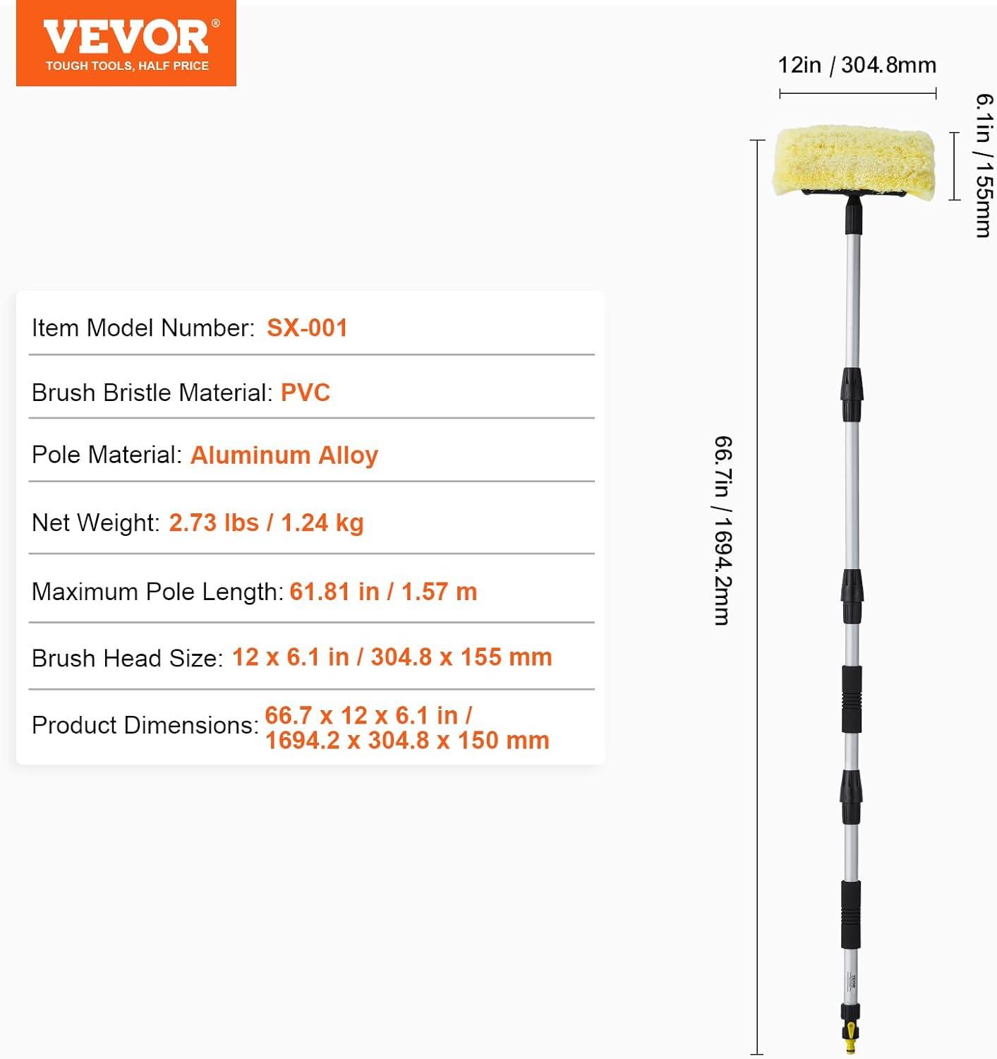 image:imageVEVOR Car Wash Brush 62Inch Extendable Car Washing Brush with Long Handle Soft Chenille Fiber Car Wash Mop Mitt 180 Rotatable Car Cleaning Brush with 1 Replacement Mop for Car RV Window FloorSoft PVC Bristle head