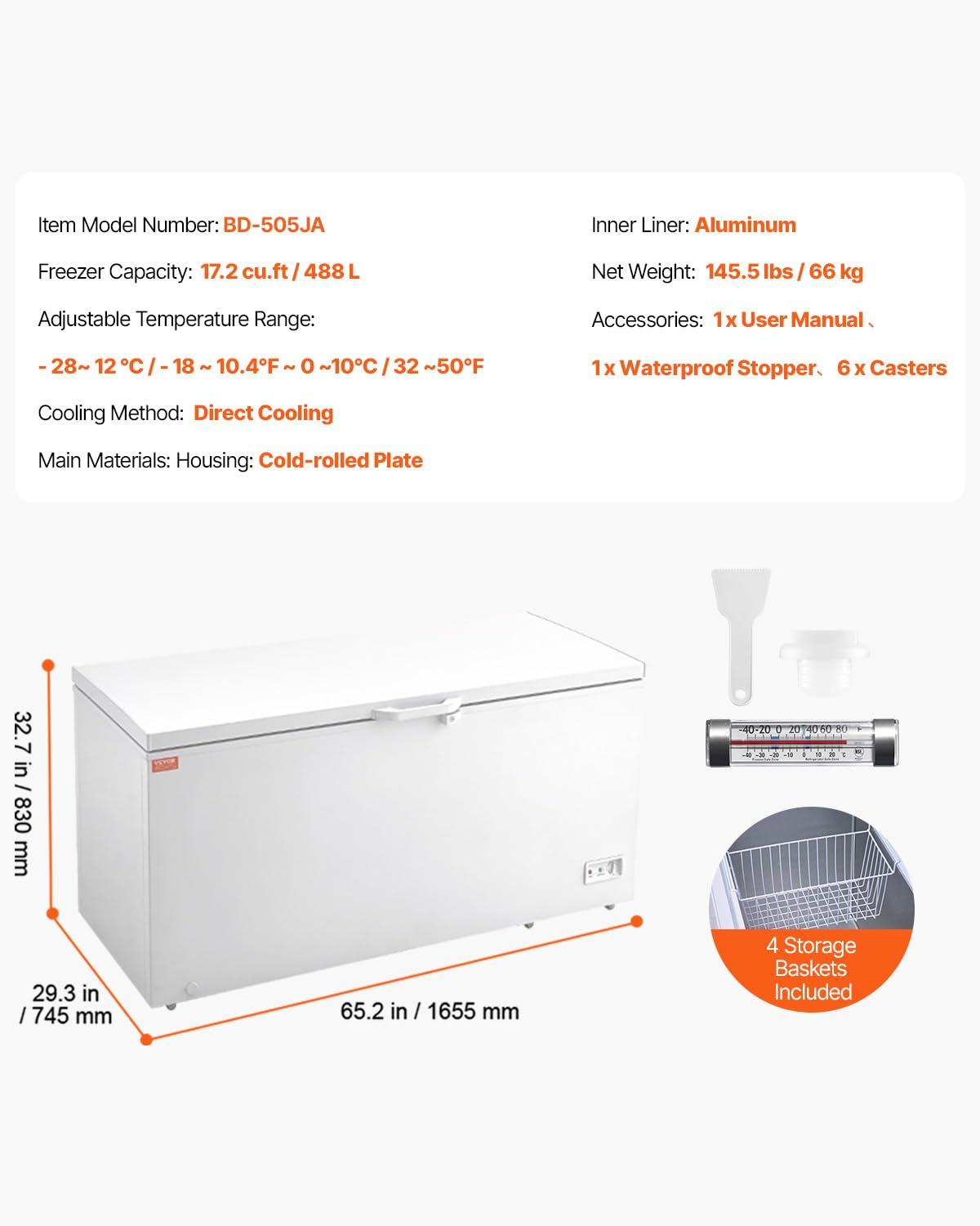 image:imageVEVOR Chest Freezer 128 Cuft 345 L Large Deep Freezer amp 4 Removable Baskets Freestanding Top Open Door Commercial Chest Freezers with Locking Lid 7Level Adjustable Temp LED Lighting 6 Wheels172 Cuft