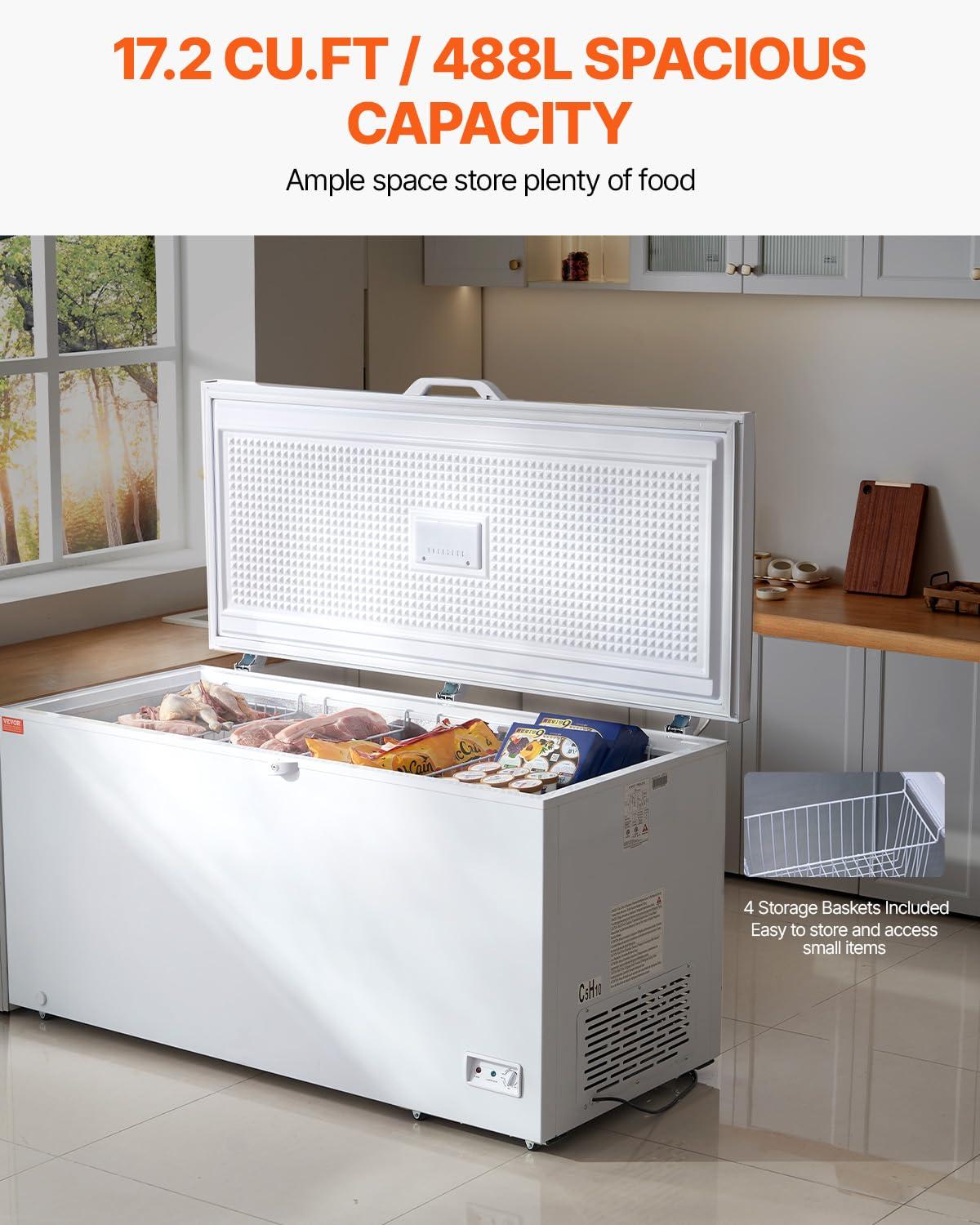image:imageVEVOR Chest Freezer 128 Cuft 345 L Large Deep Freezer amp 4 Removable Baskets Freestanding Top Open Door Commercial Chest Freezers with Locking Lid 7Level Adjustable Temp LED Lighting 6 Wheels172 Cuft