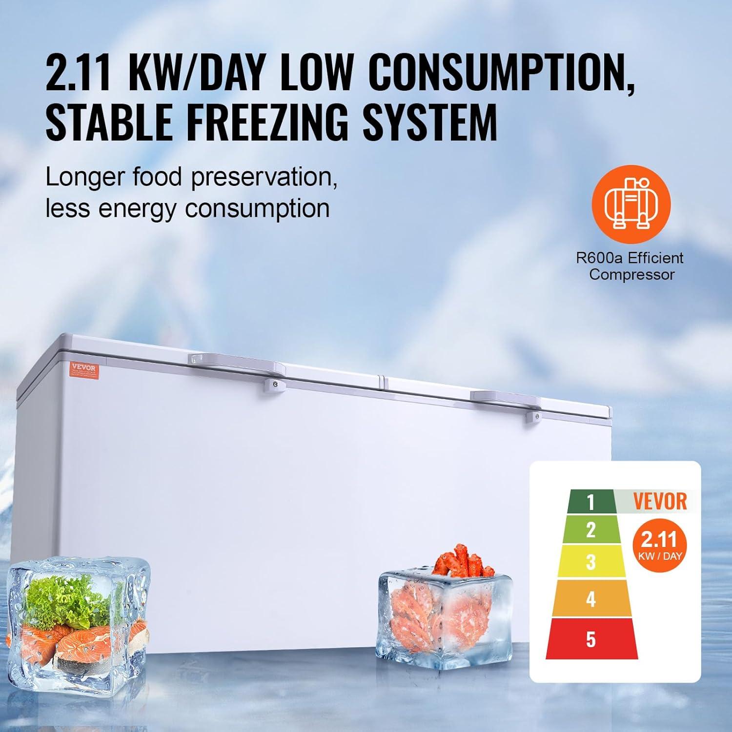 image:imageVEVOR Chest Freezer 128 Cuft 345 L Large Deep Freezer amp 4 Removable Baskets Freestanding Top Open Door Commercial Chest Freezers with Locking Lid 7Level Adjustable Temp LED Lighting 6 Wheels198 Cuft