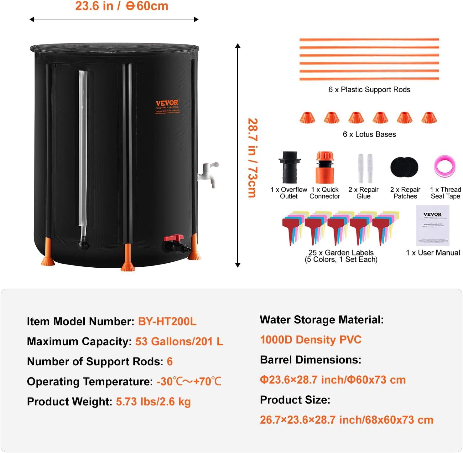 image:imageVEVOR Collapsible Rain Barrel 53 Gallon201 L Portable Rain Water Collection Barrel PVC Rainwater Collection System with Spigots and Overflow Kit Water Barrel for Garden Water Catcher