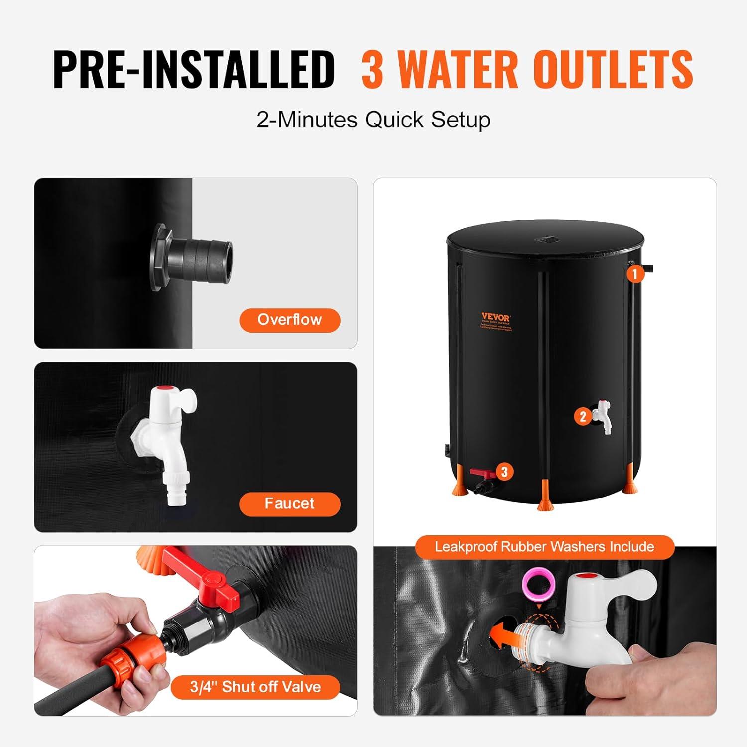 image:imageVEVOR Collapsible Rain Barrel 53 Gallon201 L Portable Rain Water Collection Barrel PVC Rainwater Collection System with Spigots and Overflow Kit Water Barrel for Garden Water Catcher
