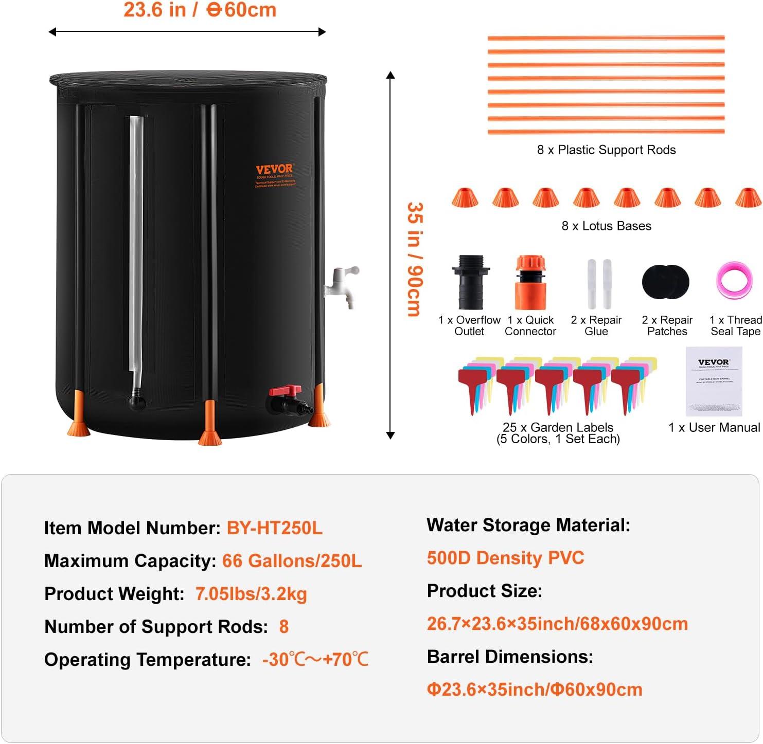 image:imageVEVOR Collapsible Rain Barrel 66 Gallon250 L Portable Rain Water Collection Barrel PVC Rainwater Collection System with Spigots and Overflow Kit Water Barrel for Garden Water CatcherBlack