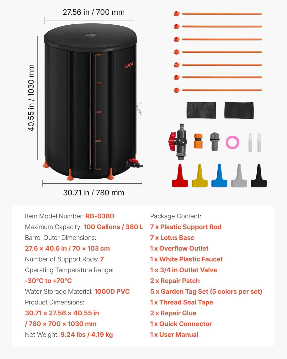 image:imageVEVOR Collapsible Rain Barrel 66 Gallon250 L Portable Rain Water Collection Barrel PVC Rainwater Collection System with Spigots and Overflow Kit Water Barrel for Garden Water CatcherBlack