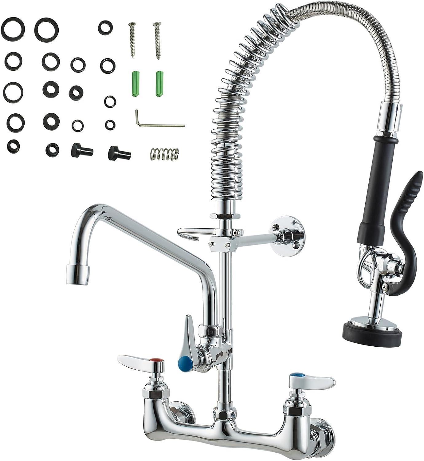 image:imageVEVOR Commercial Faucet with PreRinse Sprayer 44 Height 8 Center 12 Swing Spout Deck Mount Kitchen Sink Faucet Brass Constructed Device with Pull Down Spray for 123 Compartment Sink21inch