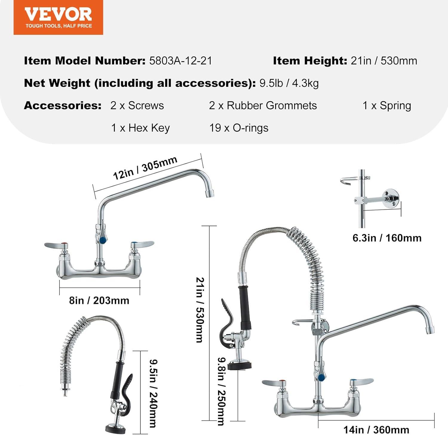 image:imageVEVOR Commercial Faucet with PreRinse Sprayer 44 Height 8 Center 12 Swing Spout Deck Mount Kitchen Sink Faucet Brass Constructed Device with Pull Down Spray for 123 Compartment Sink21inch