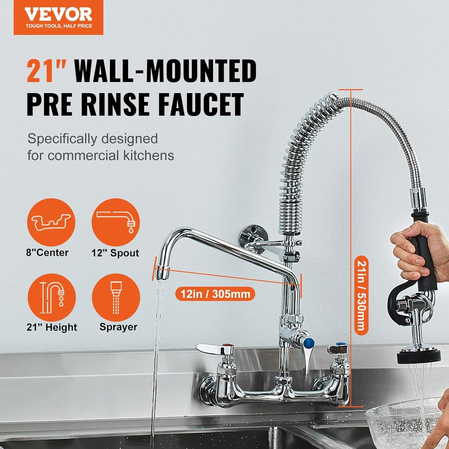 image:imageVEVOR Commercial Faucet with PreRinse Sprayer 44 Height 8 Center 12 Swing Spout Deck Mount Kitchen Sink Faucet Brass Constructed Device with Pull Down Spray for 123 Compartment Sink21inch