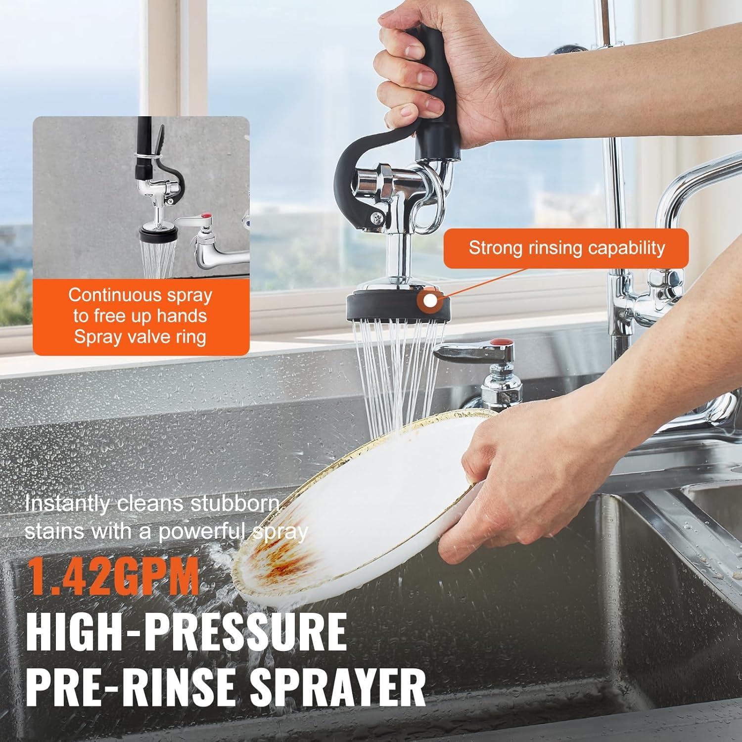 image:imageVEVOR Commercial Faucet with PreRinse Sprayer 44 Height 8 Center 12 Swing Spout Deck Mount Kitchen Sink Faucet Brass Constructed Device with Pull Down Spray for 123 Compartment Sink21inch