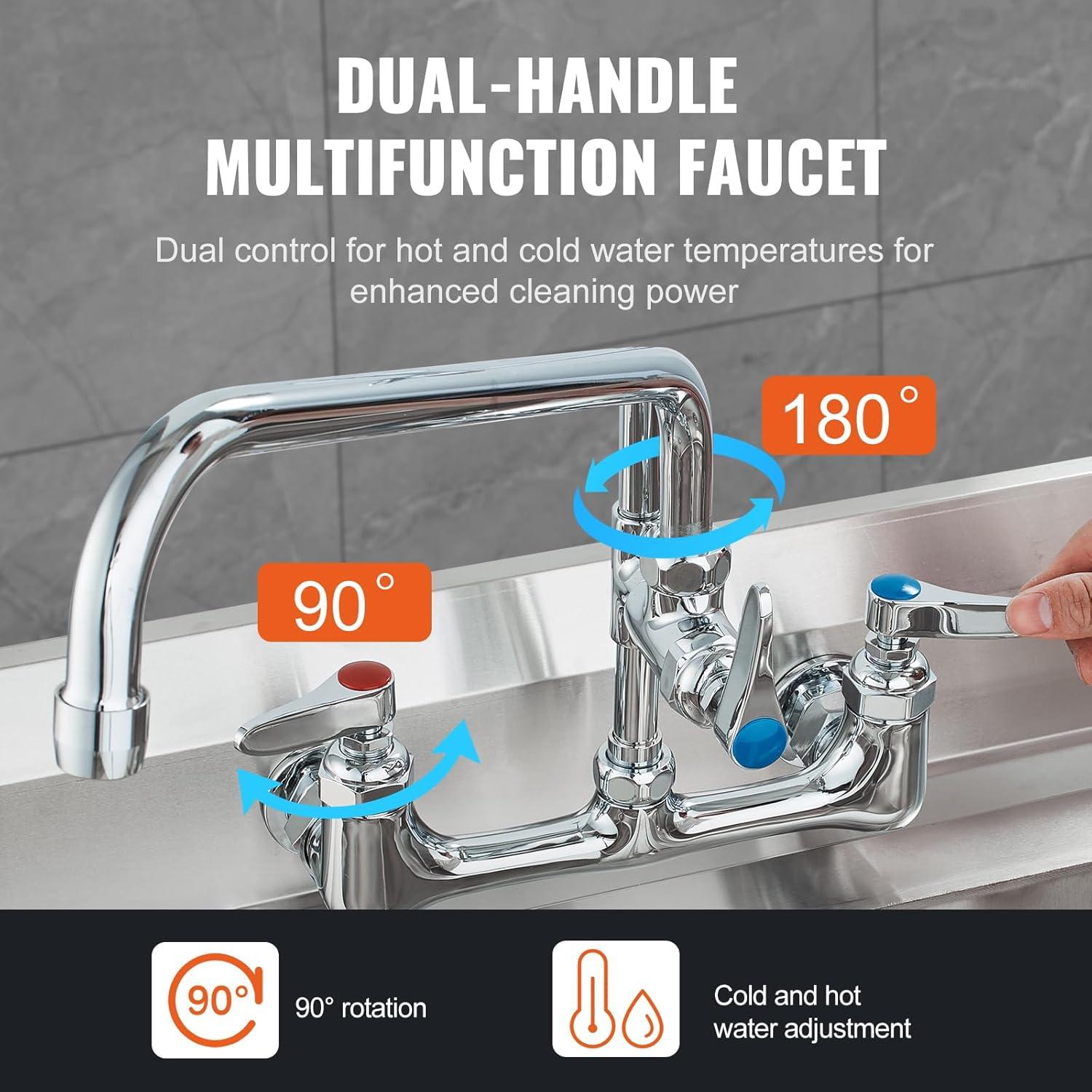 image:imageVEVOR Commercial Faucet with PreRinse Sprayer 44 Height 8 Center 12 Swing Spout Deck Mount Kitchen Sink Faucet Brass Constructed Device with Pull Down Spray for 123 Compartment Sink21inch
