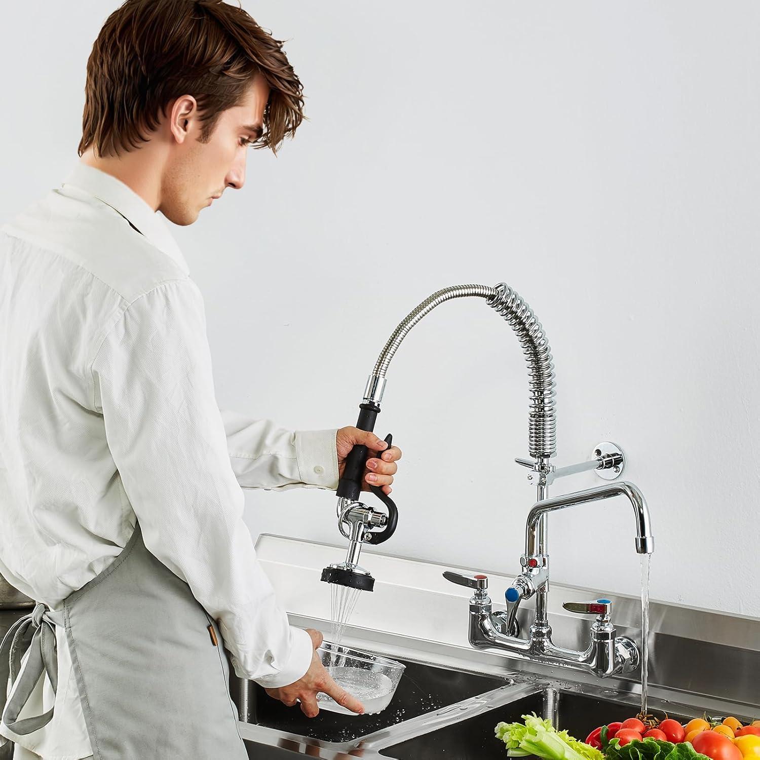 image:imageVEVOR Commercial Faucet with PreRinse Sprayer 44 Height 8 Center 12 Swing Spout Deck Mount Kitchen Sink Faucet Brass Constructed Device with Pull Down Spray for 123 Compartment Sink21inch