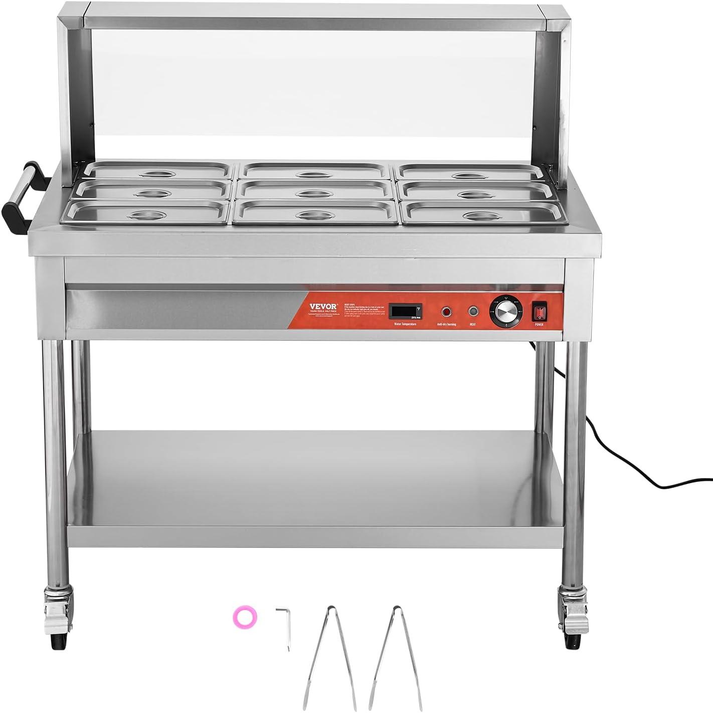 image:imageVEVOR Commercial Food Warmer 7 Pans 2 Pots Electric Steam Table 1800W Professional Buffet Catering Food Warmer with Shield Undershelf Wheels Stainless Steel Server for Party Restaurant Hotel9Pan