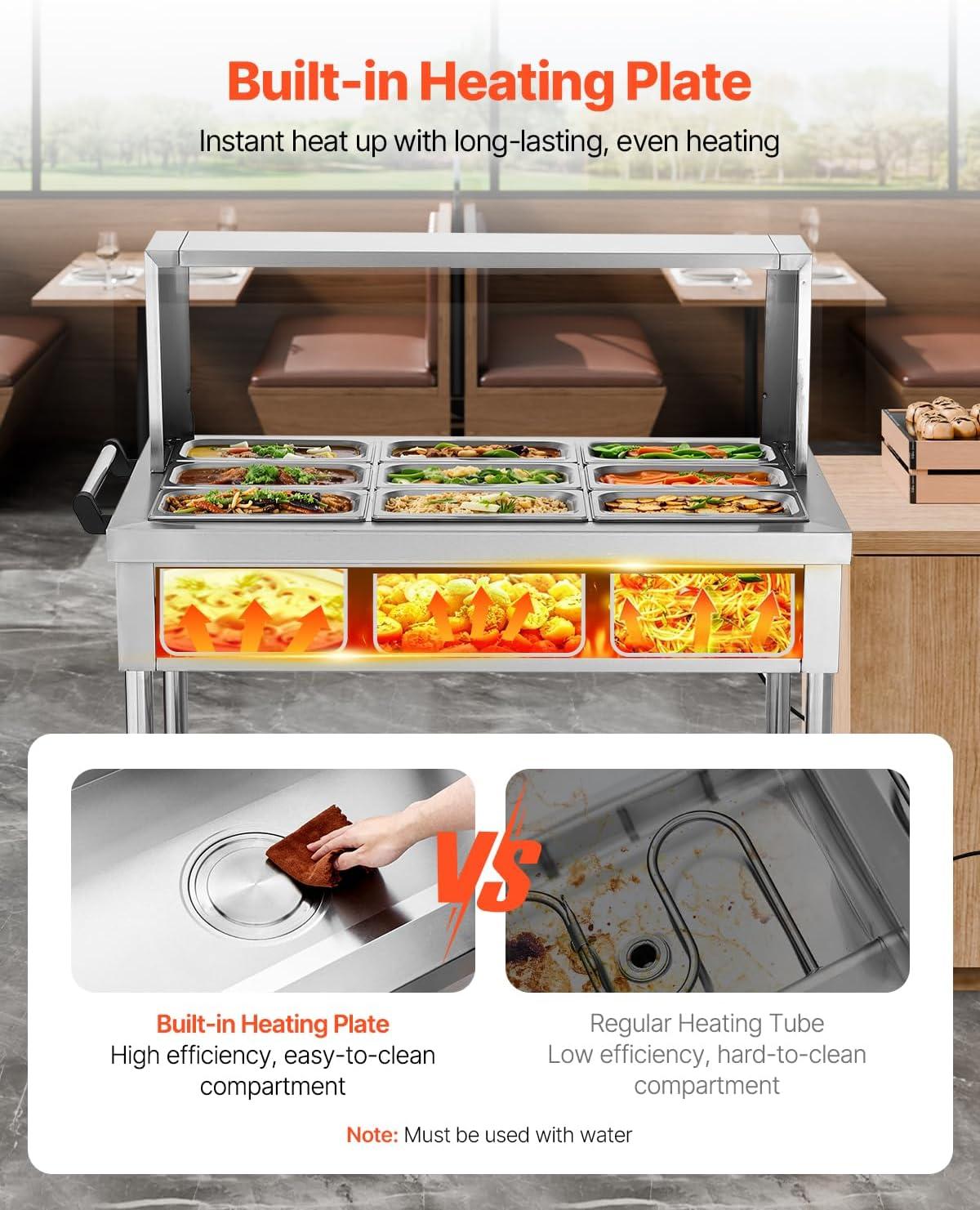 image:imageVEVOR Commercial Food Warmer 7 Pans 2 Pots Electric Steam Table 1800W Professional Buffet Catering Food Warmer with Shield Undershelf Wheels Stainless Steel Server for Party Restaurant Hotel9Pan
