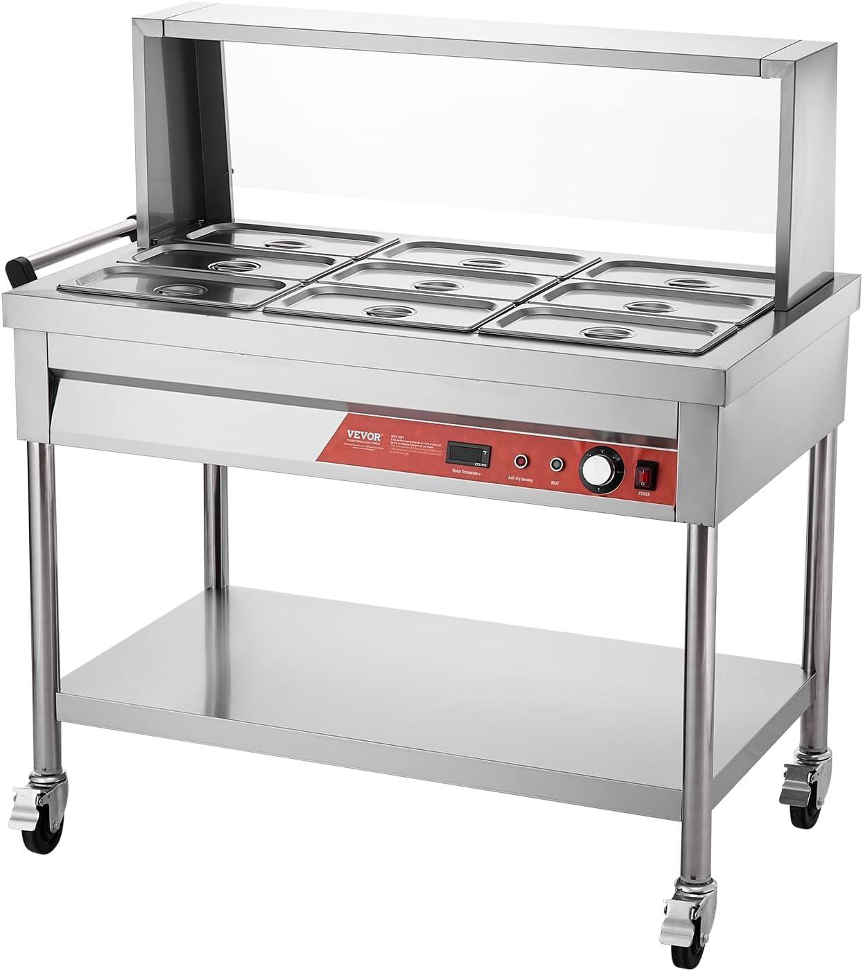 image:imageVEVOR Commercial Food Warmer 7 Pans 2 Pots Electric Steam Table 1800W Professional Buffet Catering Food Warmer with Shield Undershelf Wheels Stainless Steel Server for Party Restaurant Hotel9Pan