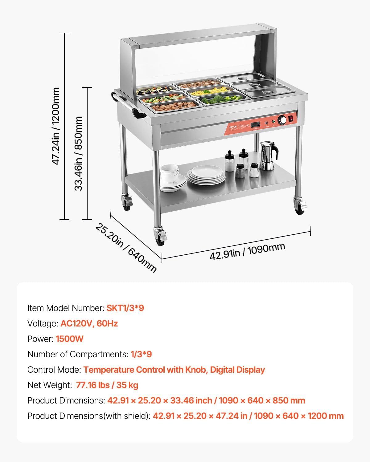 image:imageVEVOR Commercial Food Warmer 7 Pans 2 Pots Electric Steam Table 1800W Professional Buffet Catering Food Warmer with Shield Undershelf Wheels Stainless Steel Server for Party Restaurant Hotel9Pan